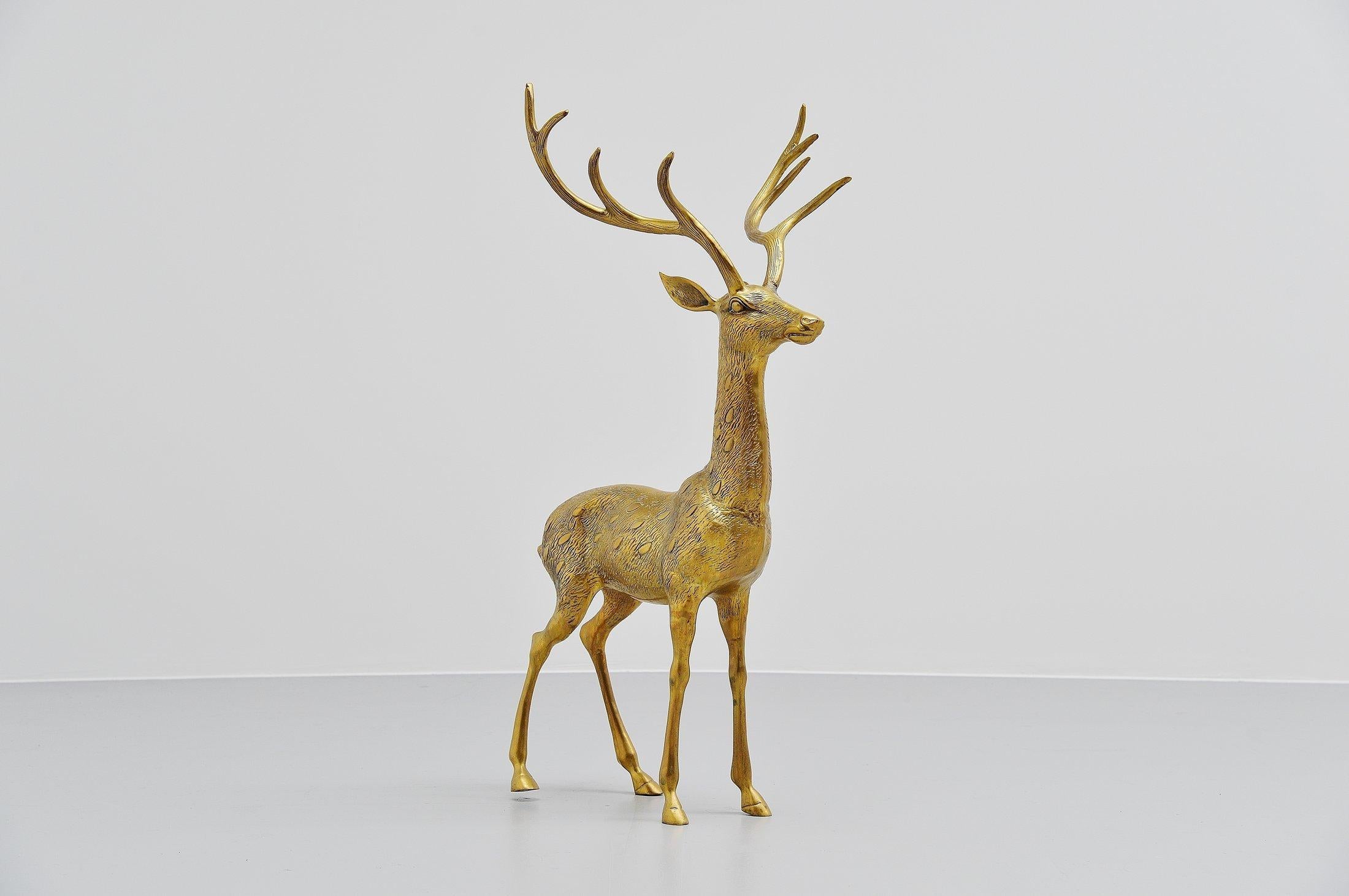 Fantastic oversized bronze deer shaped sculpture made in Italy, 1970. This solid bronze deer is an amazing eye catcher in any home, office or interior. Close to life-size, it doesn't get bigger than this I guess. Very solid bronze in good condition