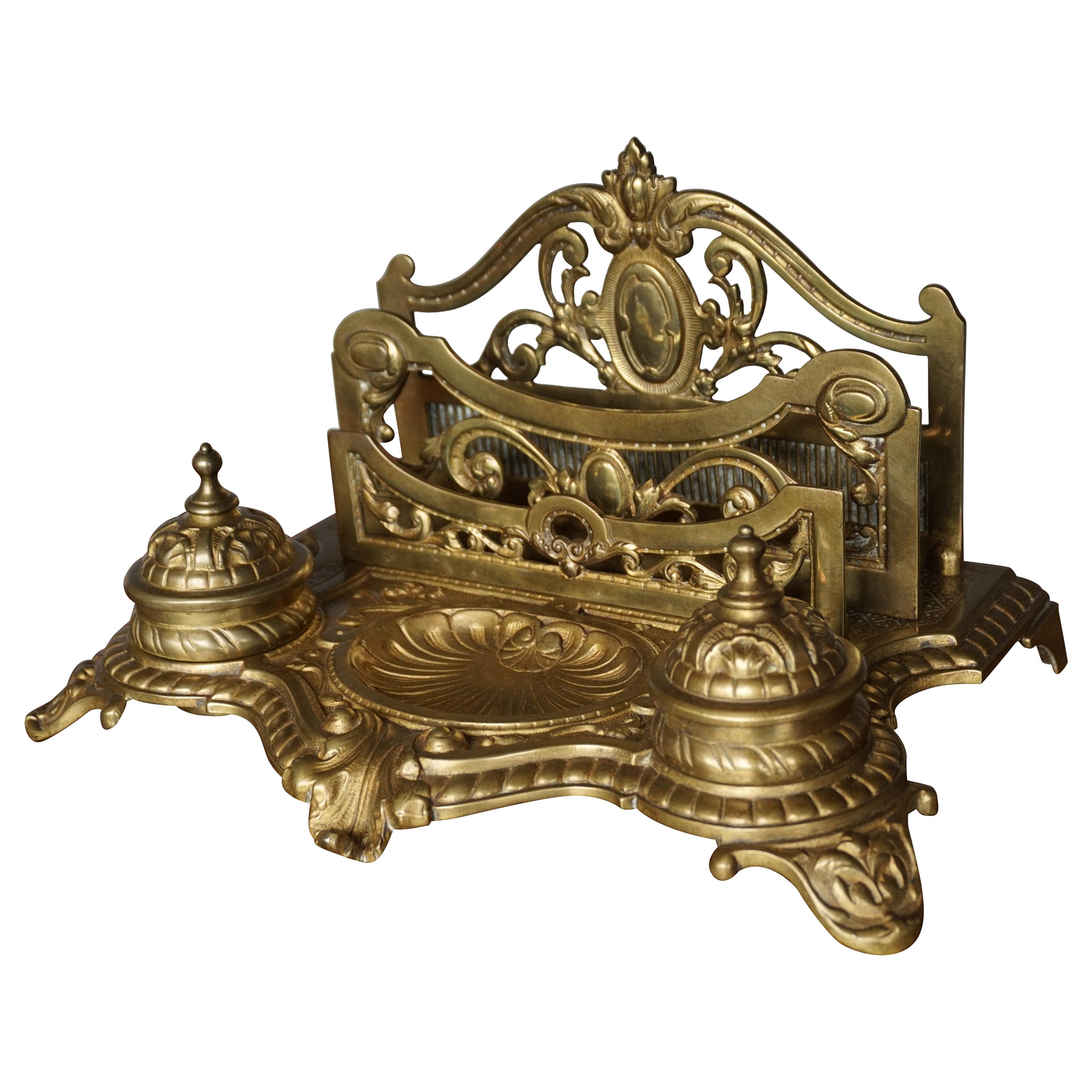 Large Bronze Desk Stand with Inkwells Letter Rack and Porcelain Ink Holders For Sale