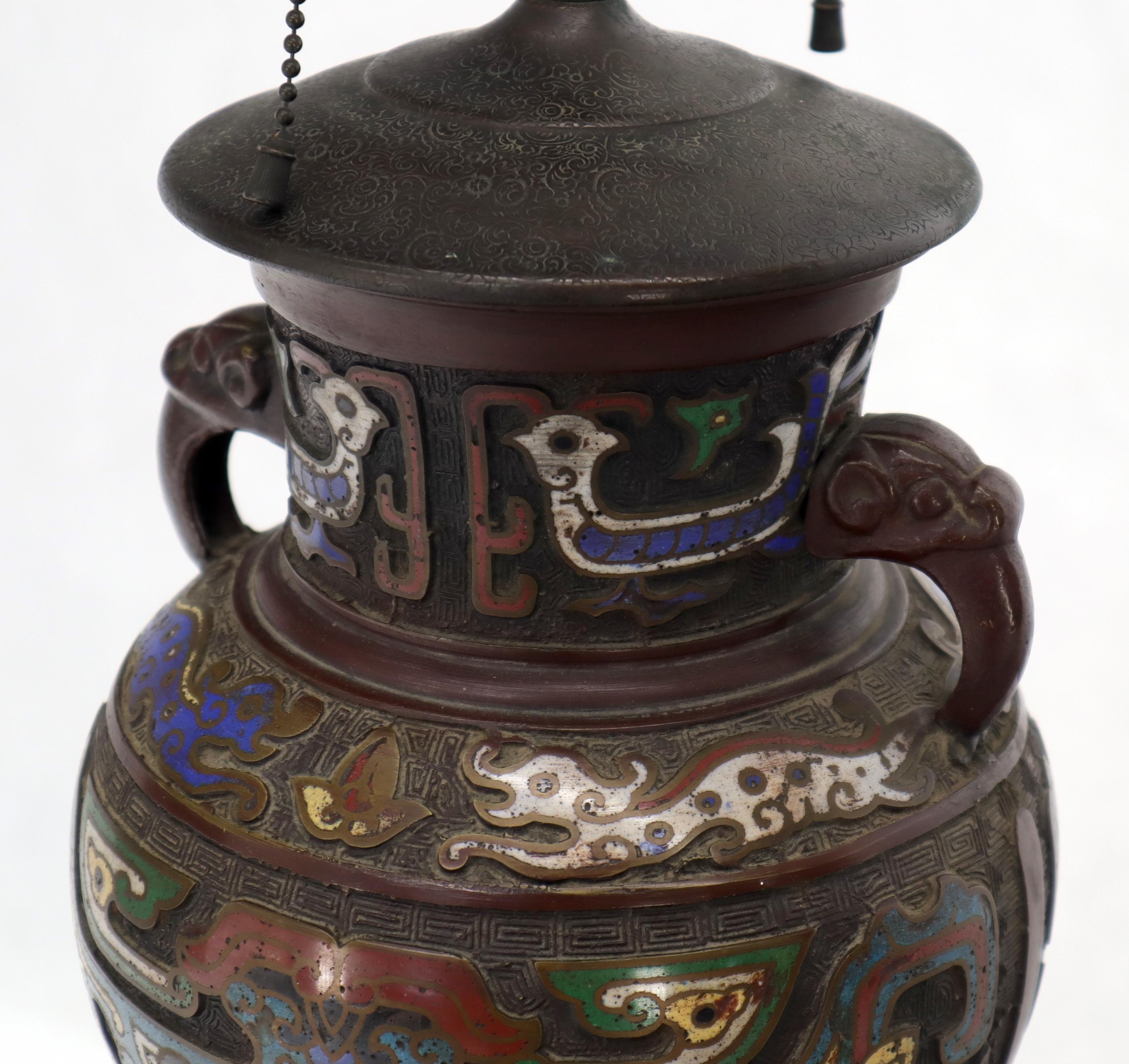 Large Bronze Enamel Decorated Oriental Table Lamp For Sale 3