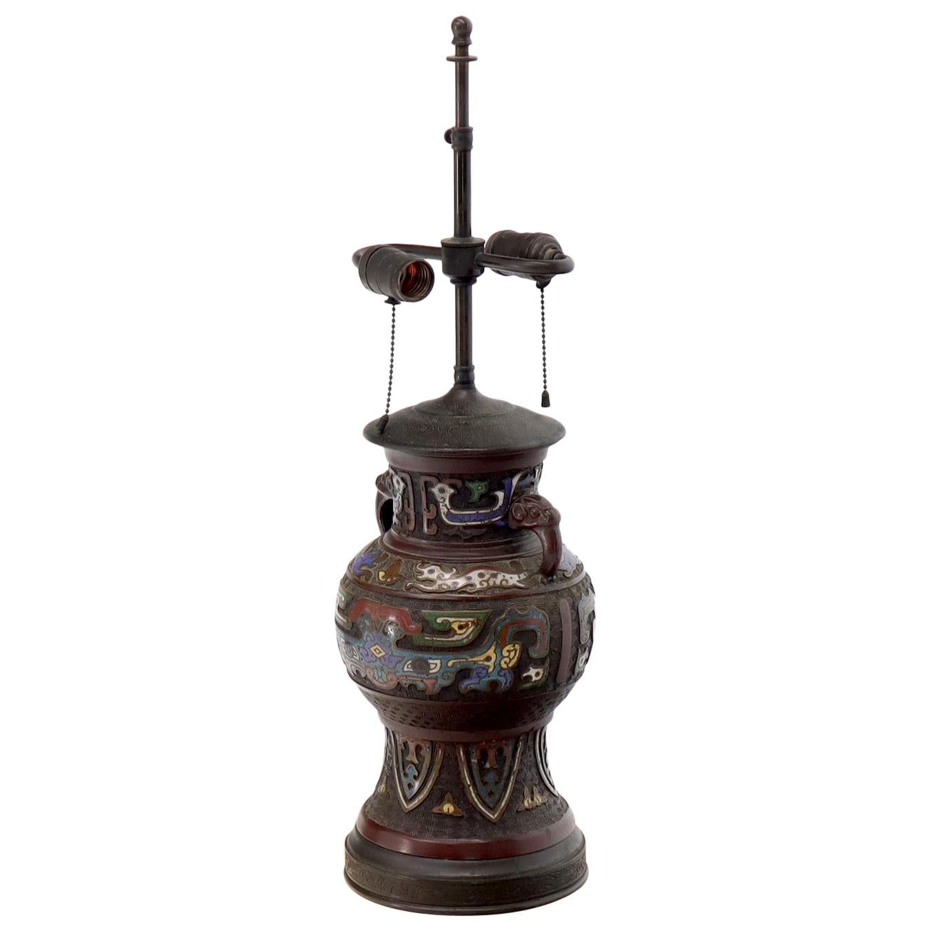 Large Bronze Enamel Decorated Oriental Table Lamp For Sale