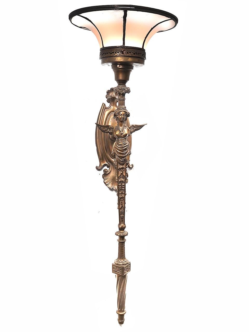 Baroque Large Bronze Figural Leaded Glass Torch Sconce For Sale