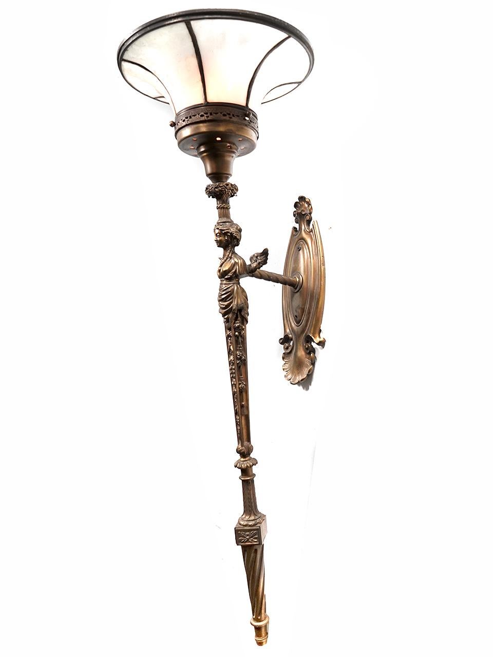 Large Bronze Figural Leaded Glass Torch Sconce In Good Condition For Sale In Peekskill, NY