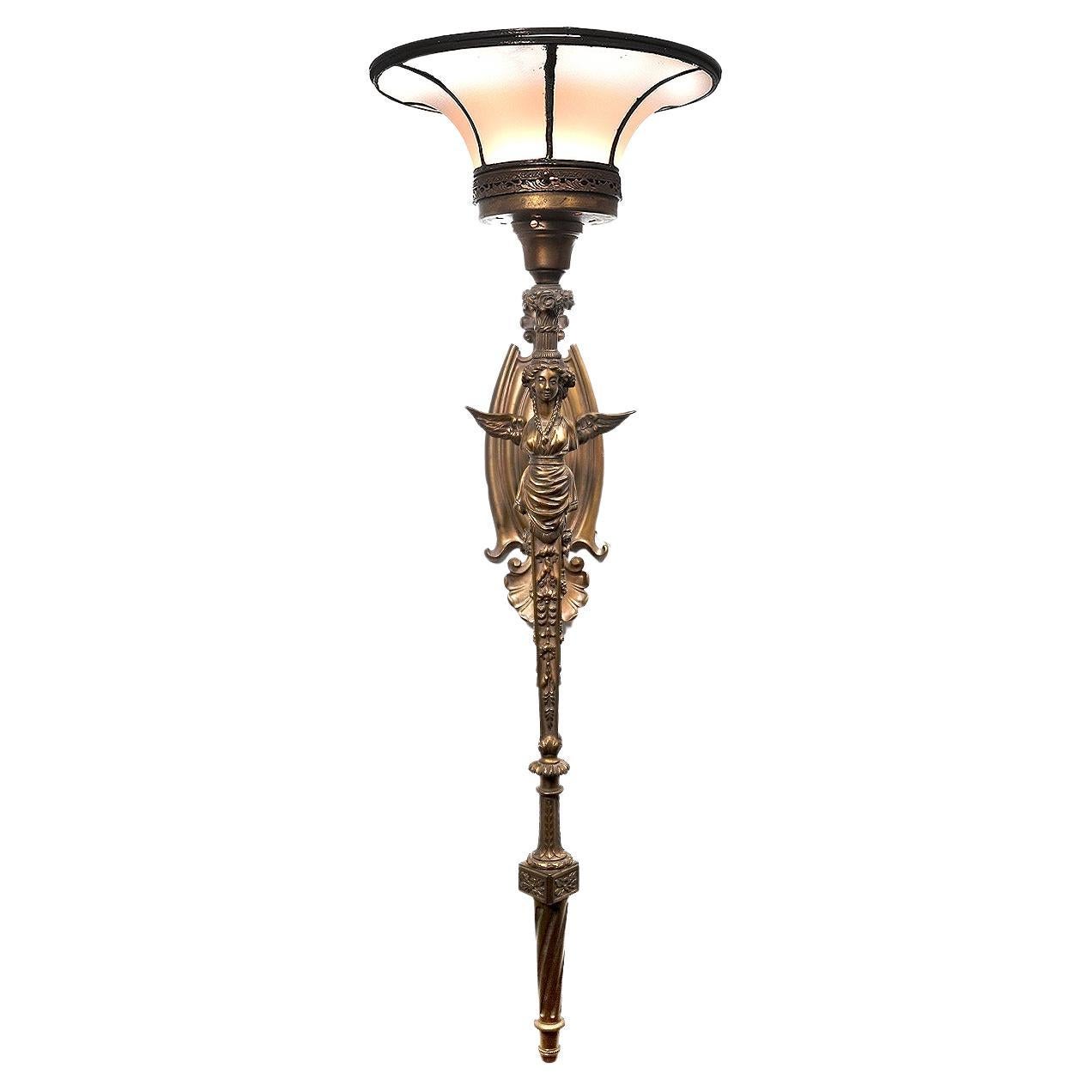 Large Bronze Figural Leaded Glass Torch Sconce For Sale