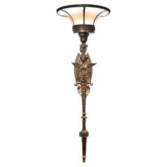 Large Bronze Figural Leaded Glass Torch Sconce