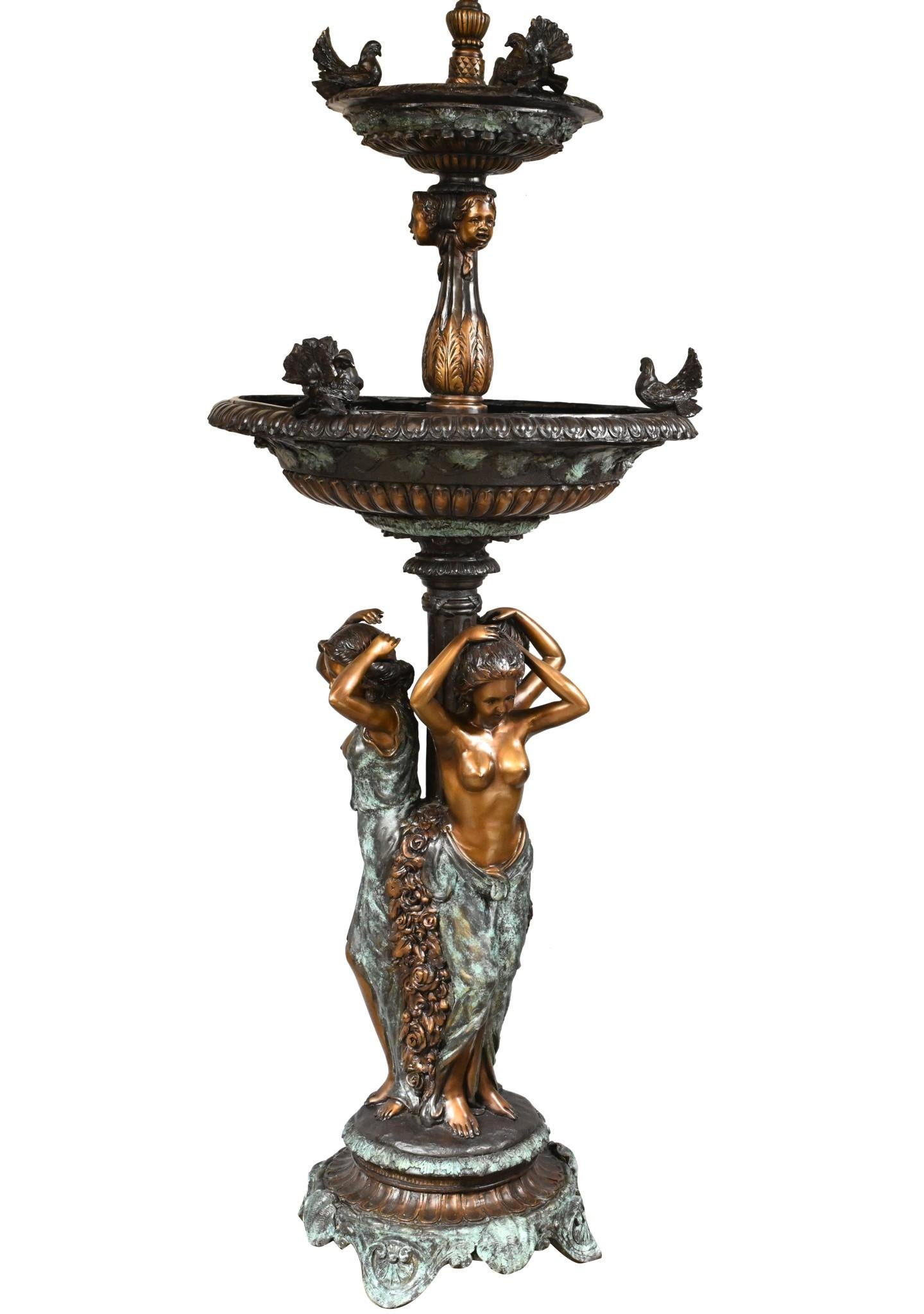Großer Bronzebrunnen mit Jungfrauen, klassisches französisches Garten-Wasserelement 11