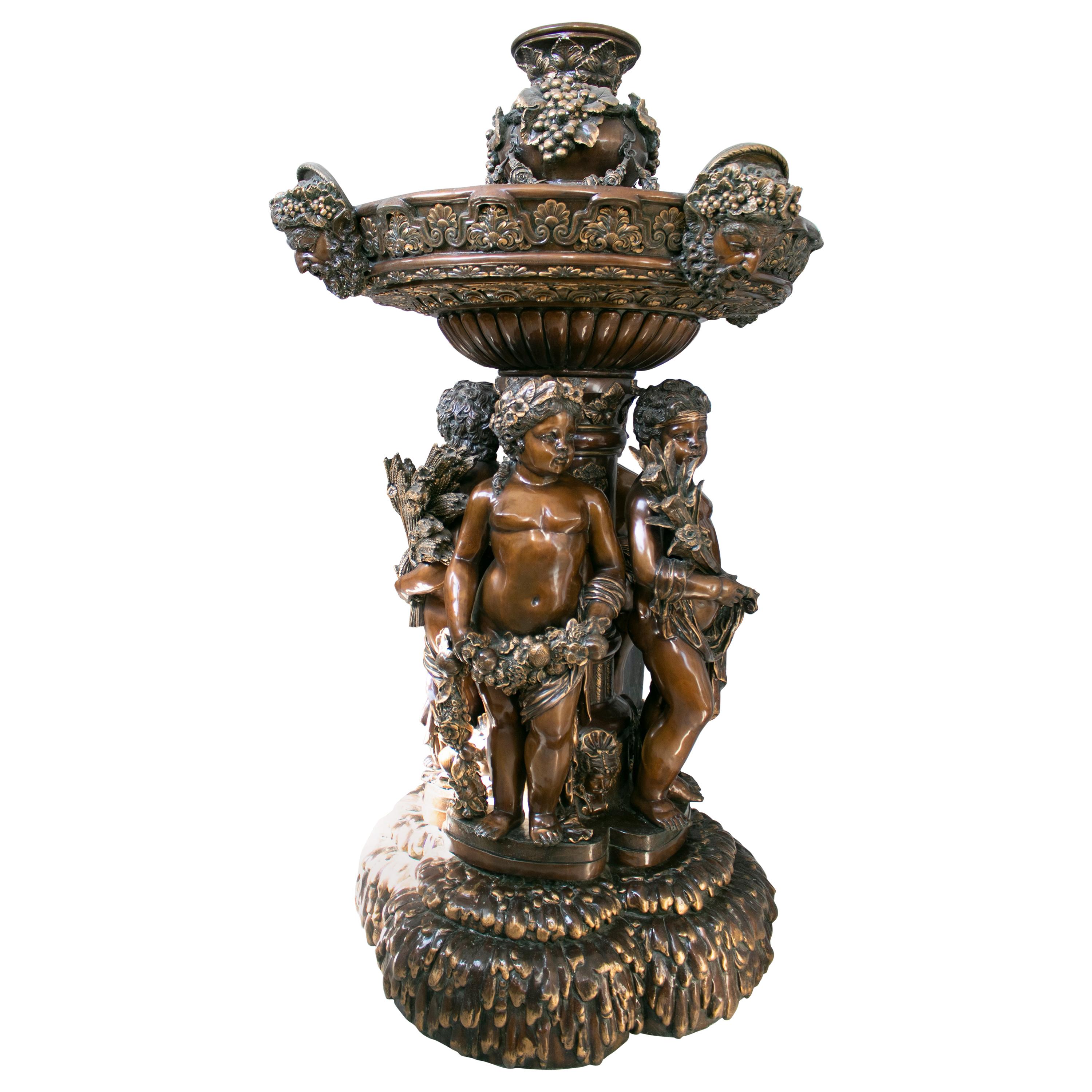 Large Bronze Four Seasons Cherub Fountain with Top Tier and Mascaron Spouts