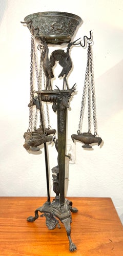 Large Bronze Grand Tour Neo Classical Pompeiian Tripod Heron Oil Lamp
