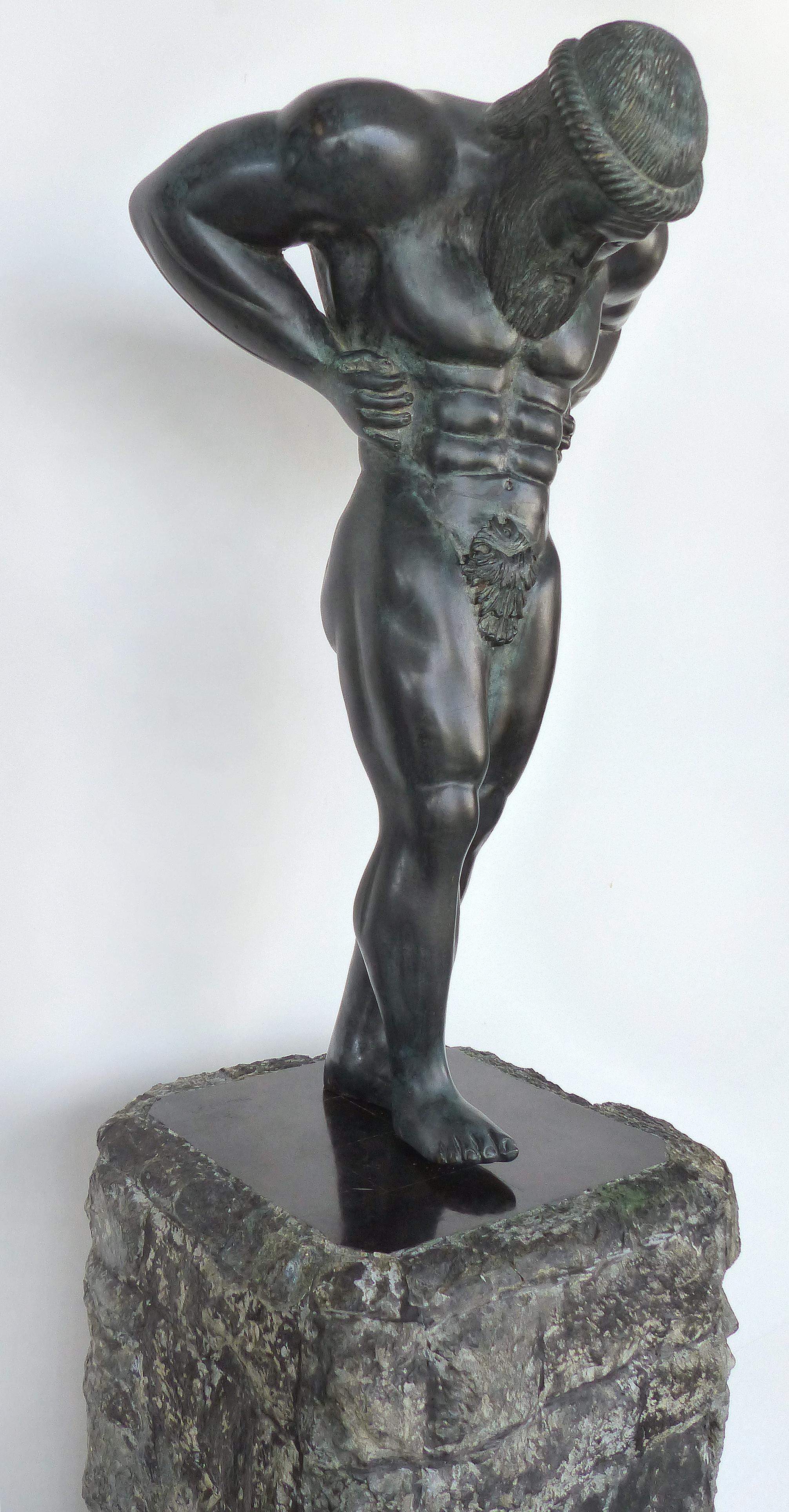 20th Century Large Bronze Greco Roman Style Sculpture atop a Chiselled Granite Pedestal