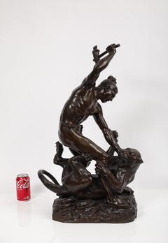 Large Bronze Group of a Man Fighting a Lion/Lioness, Signed “H. Peyrol”