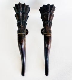 Large Bronze Horn Torch Candle Sconces with Flared Feather Tops