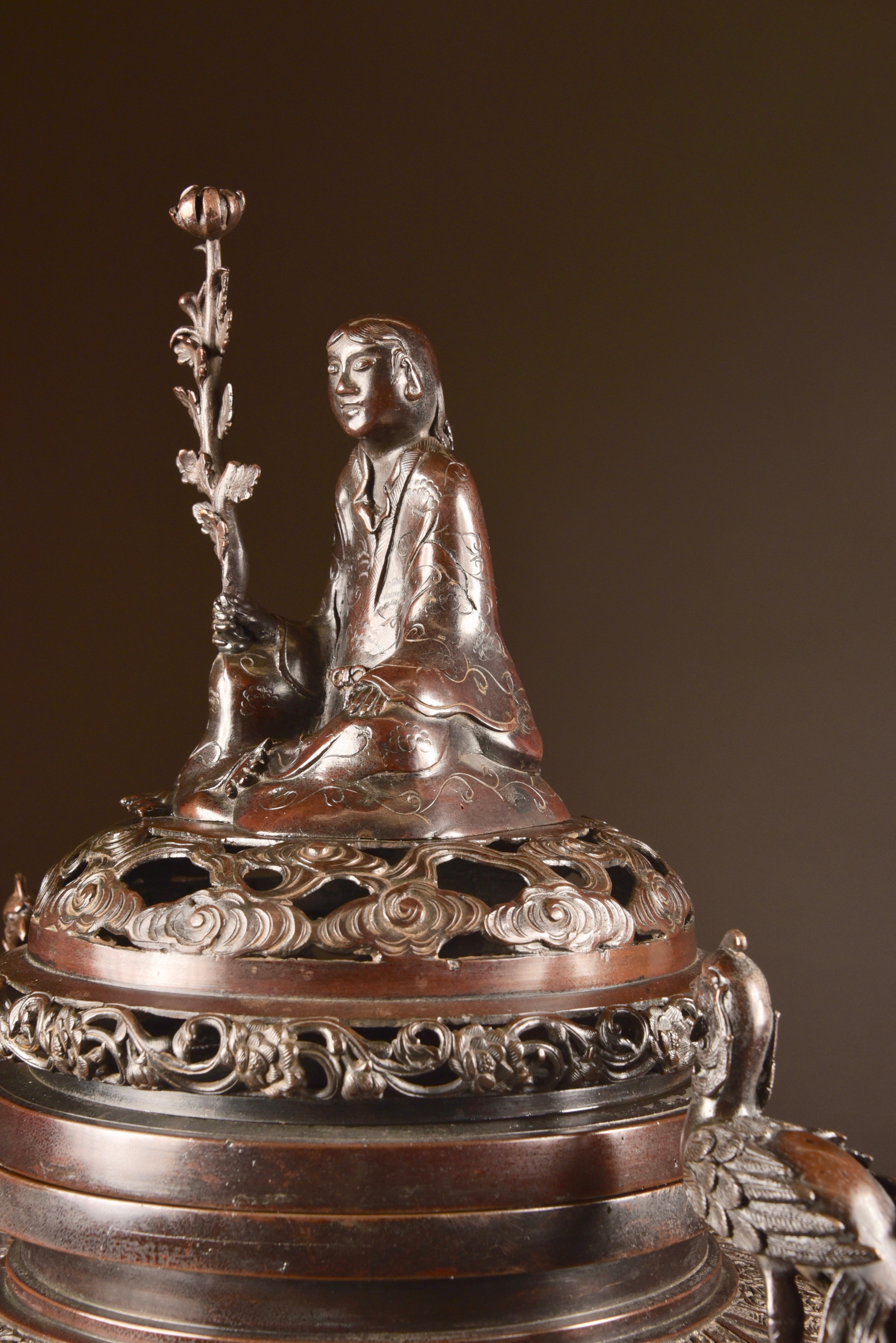 Bronze Incense Burner with Buddha and Phoenix Birds, Japan, Late 19th Century 7