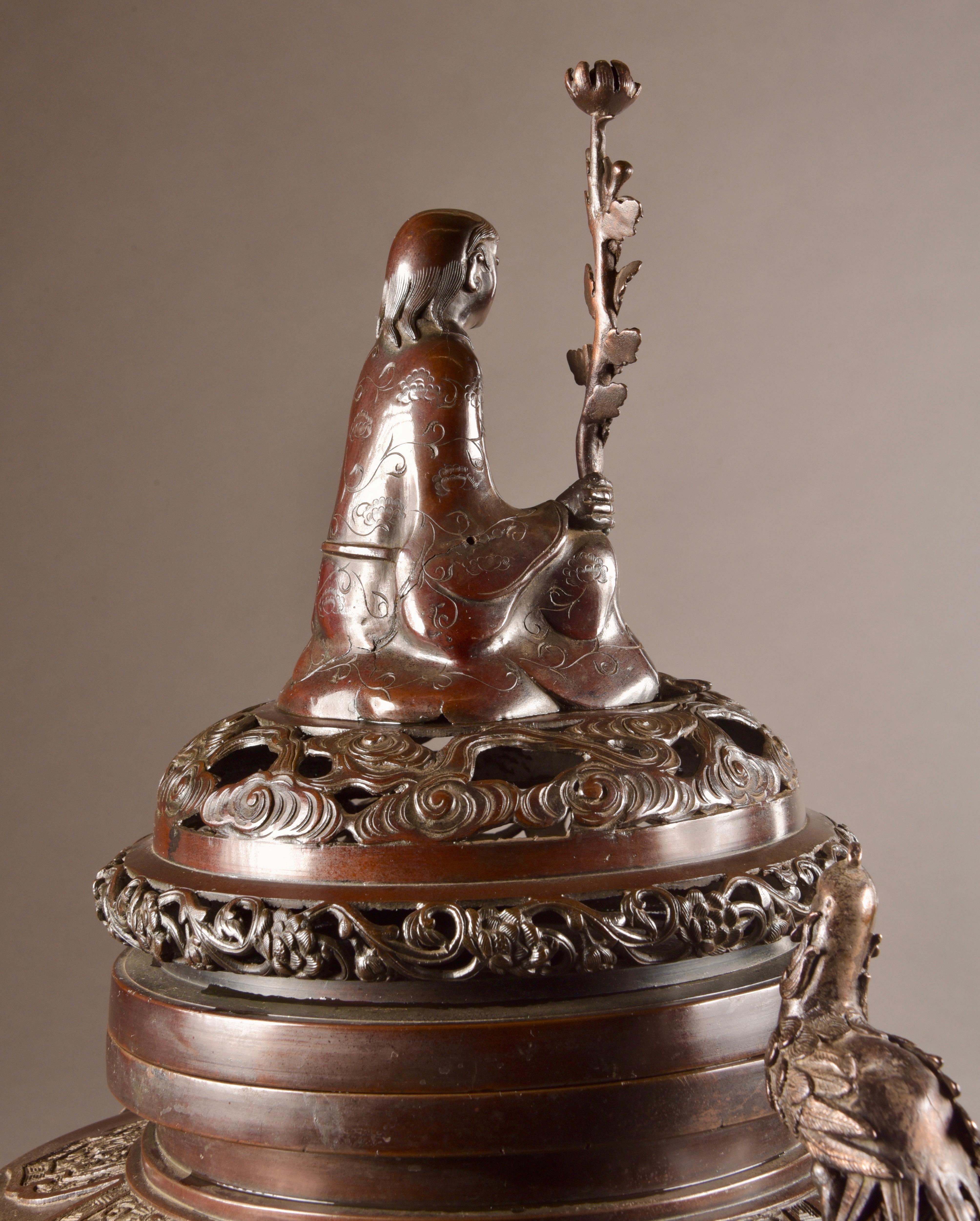 Bronze Incense Burner with Buddha and Phoenix Birds, Japan, Late 19th Century 9