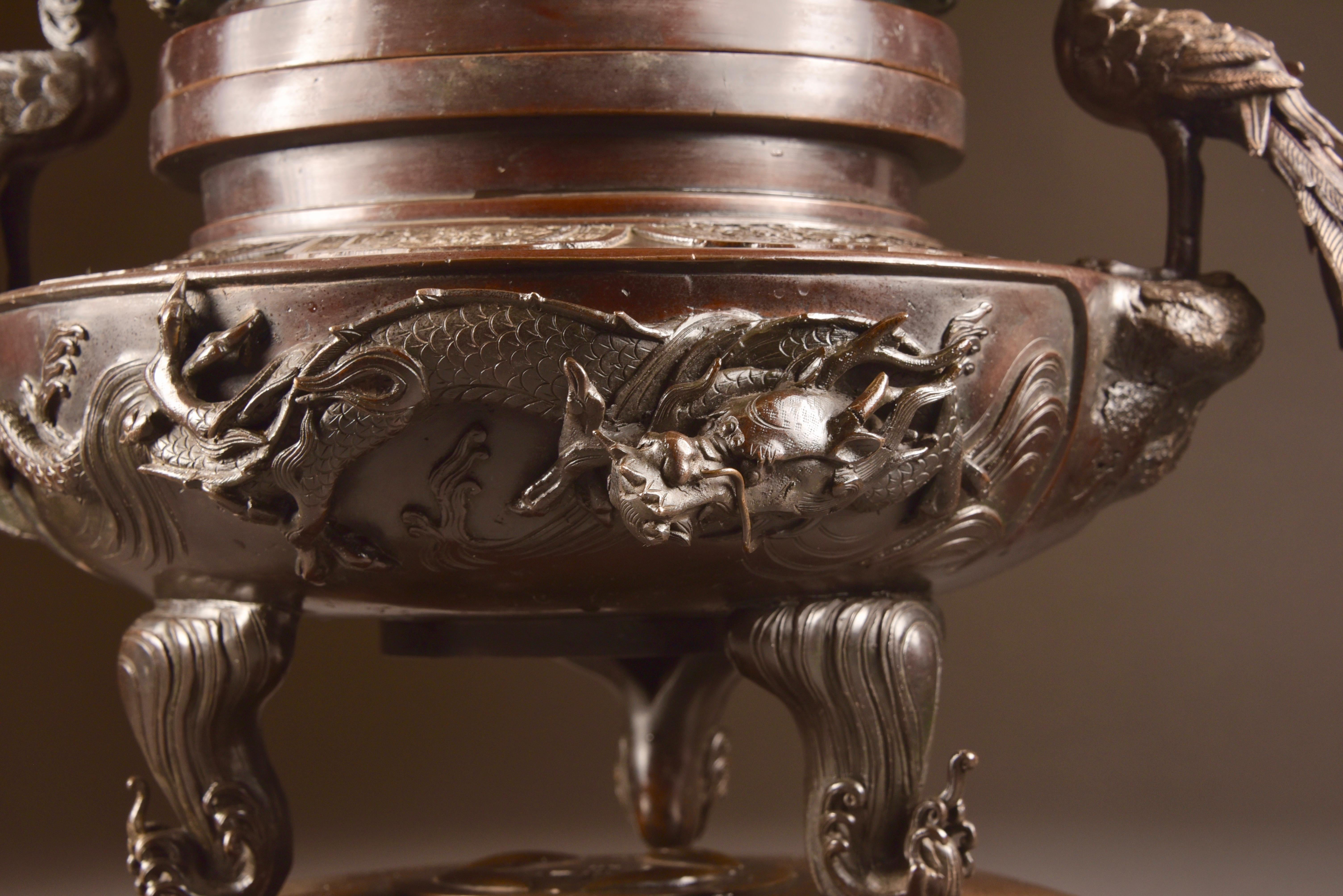 Bronze Incense Burner with Buddha and Phoenix Birds, Japan, Late 19th Century 12