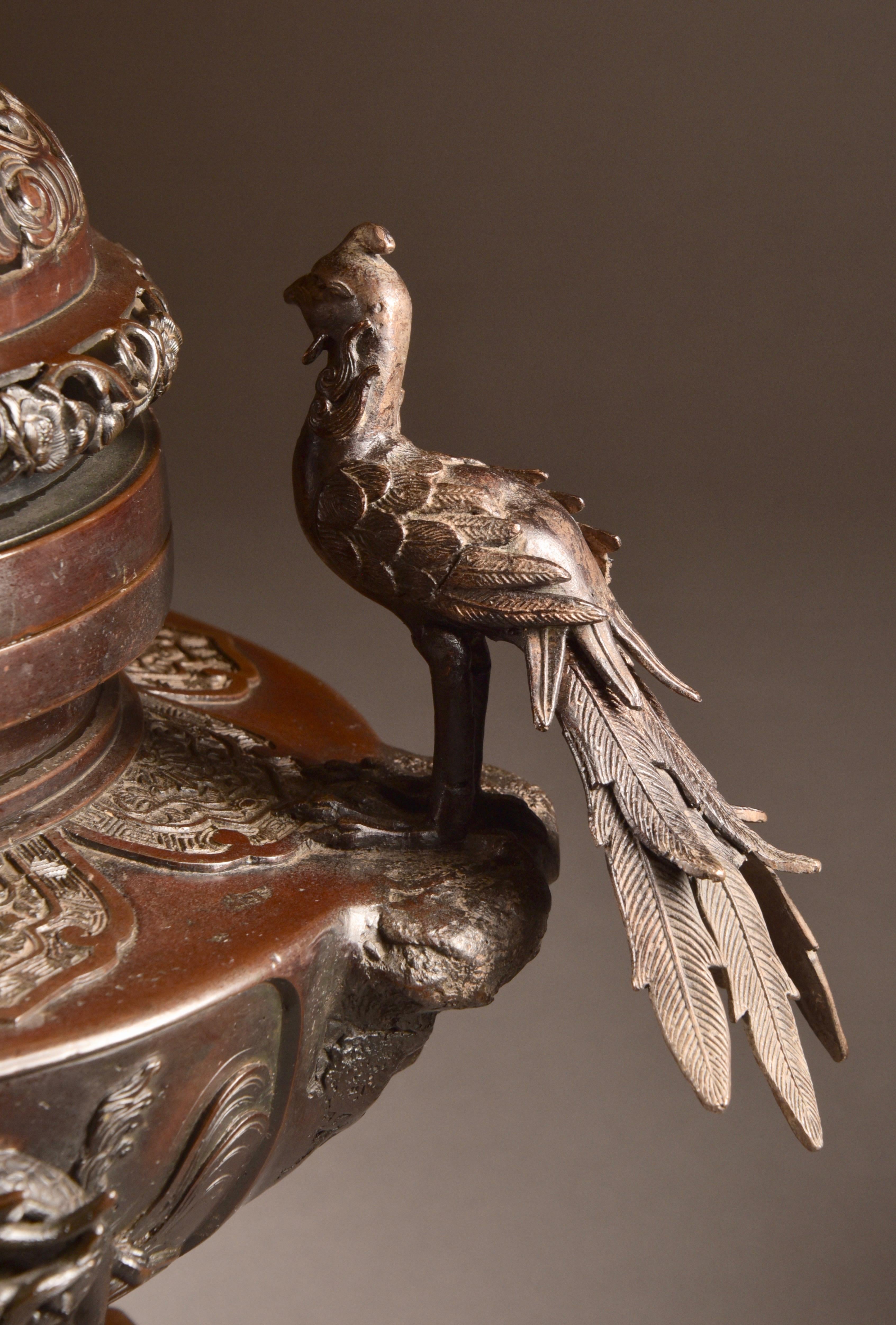 Bronze Incense Burner with Buddha and Phoenix Birds, Japan, Late 19th Century 13