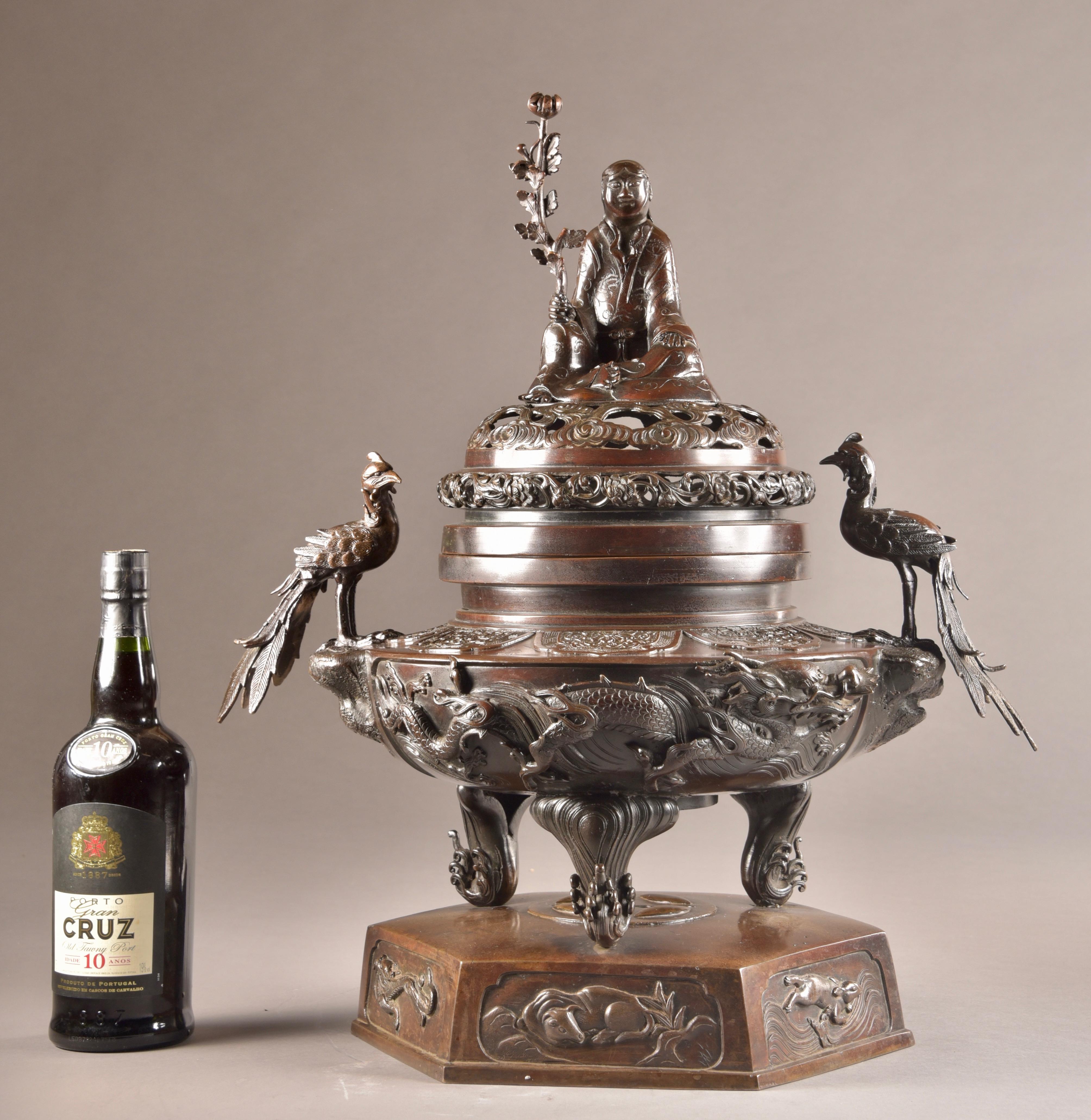 Bronze Incense Burner with Buddha and Phoenix Birds, Japan, Late 19th Century 14