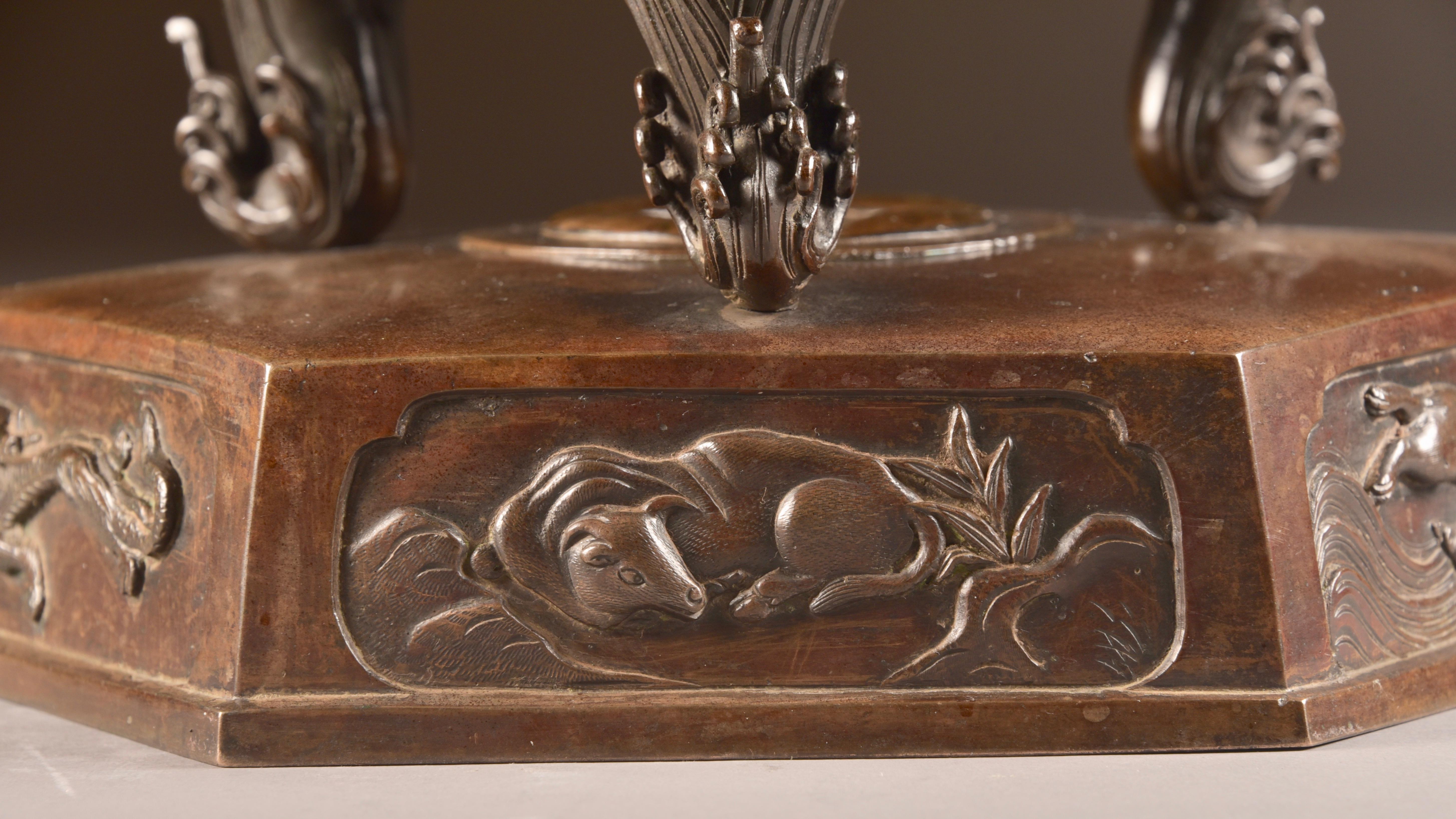 Japanese Bronze Incense Burner with Buddha and Phoenix Birds, Japan, Late 19th Century