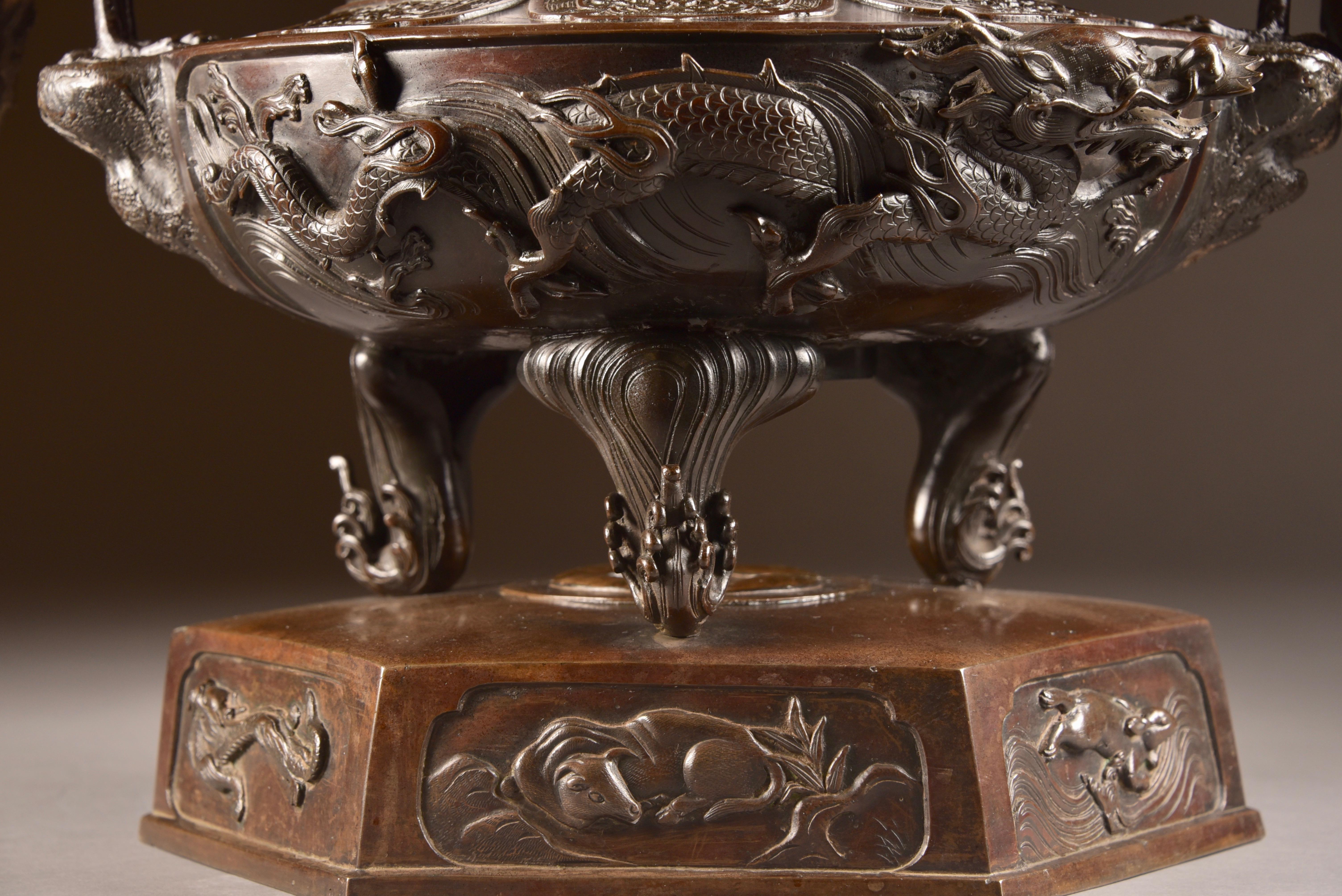 Cold-Painted Bronze Incense Burner with Buddha and Phoenix Birds, Japan, Late 19th Century