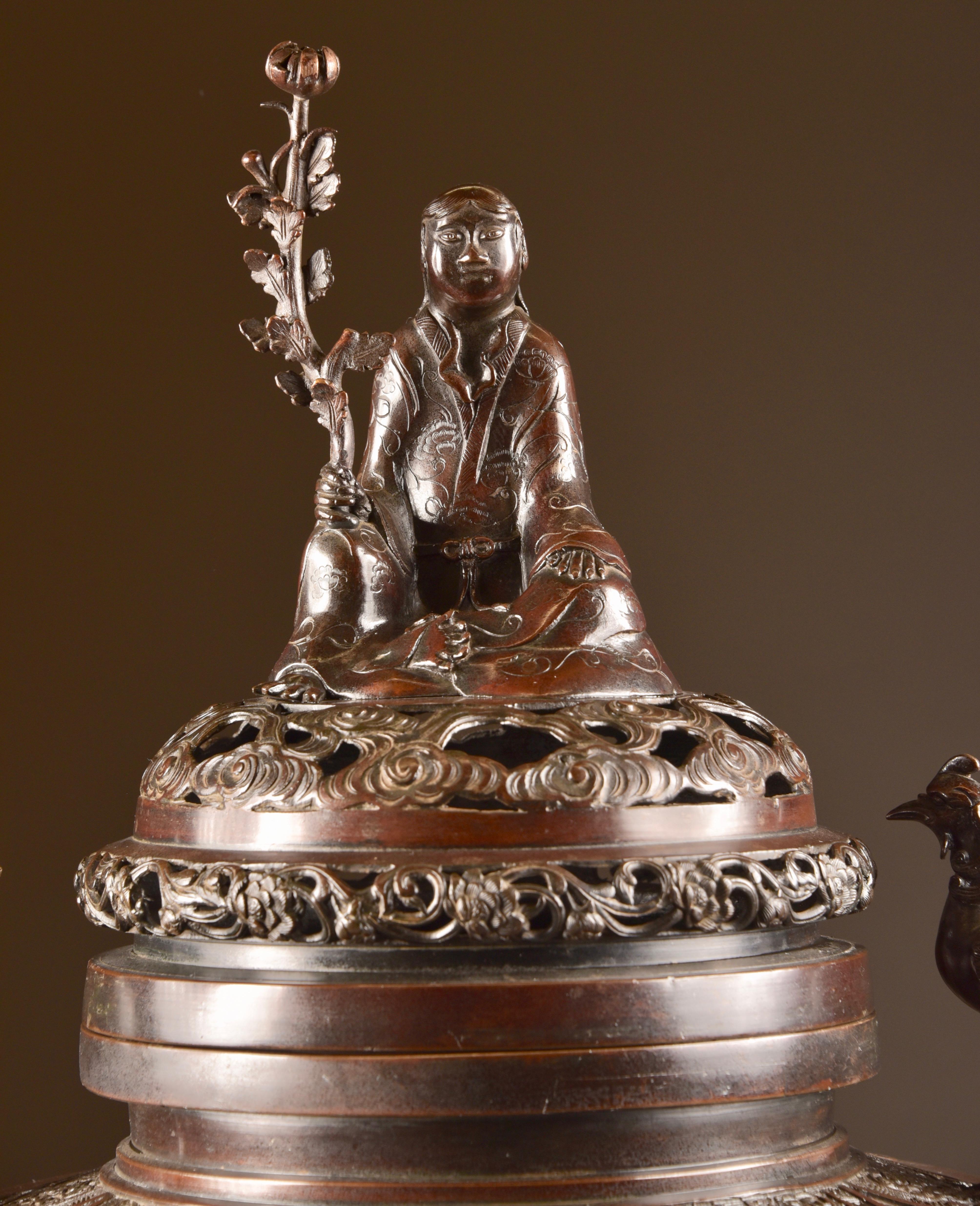 Bronze Incense Burner with Buddha and Phoenix Birds, Japan, Late 19th Century 1