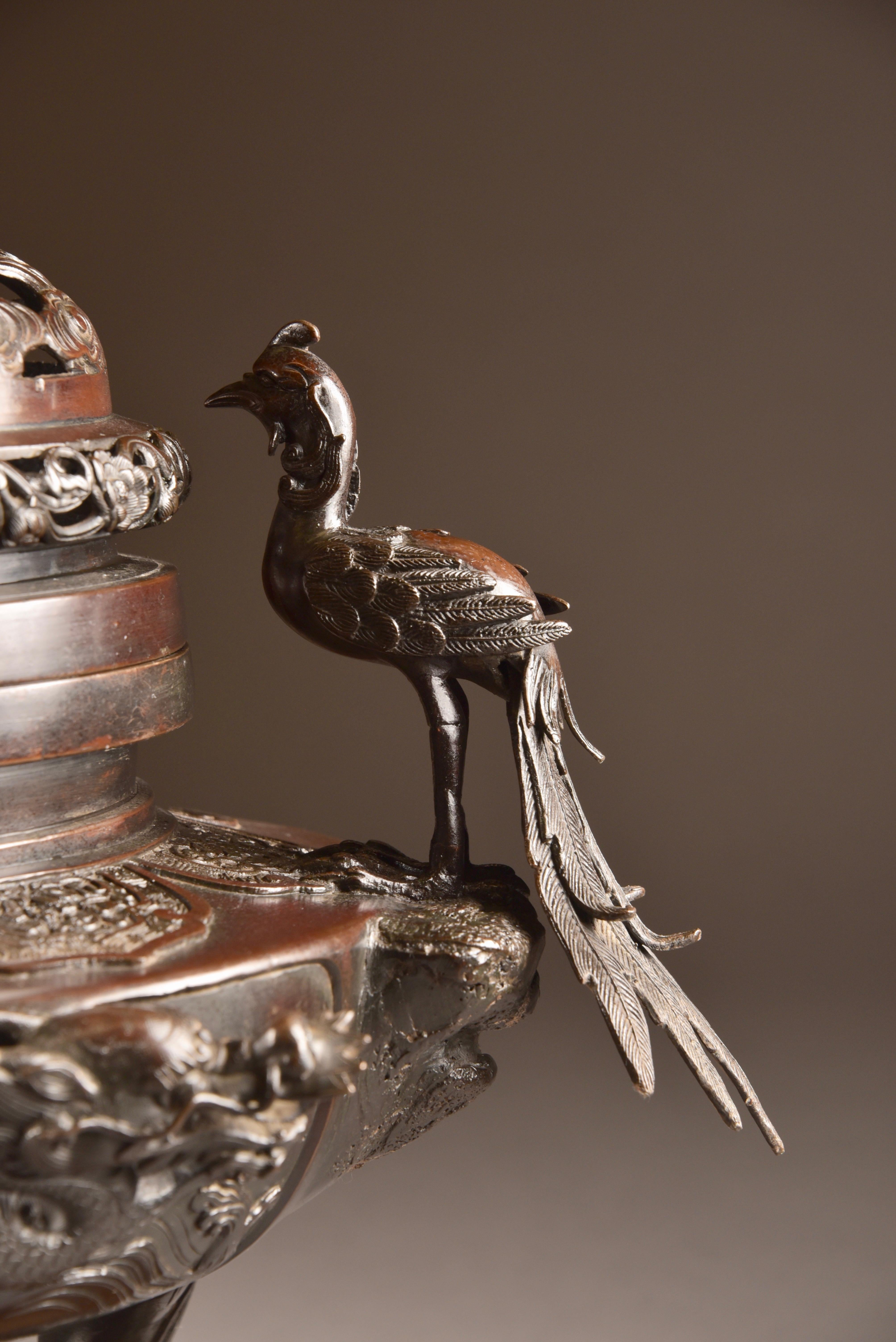 Bronze Incense Burner with Buddha and Phoenix Birds, Japan, Late 19th Century 2