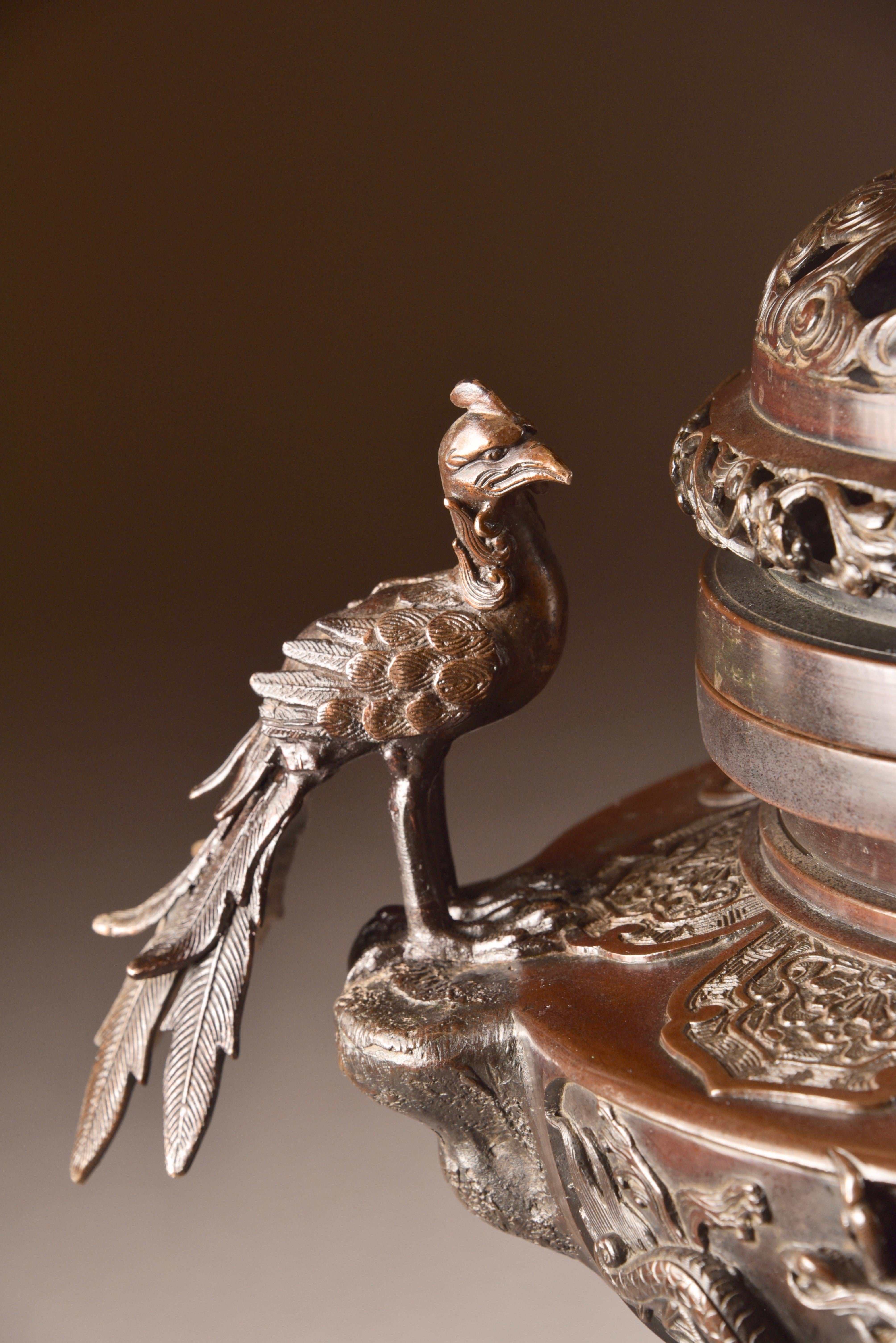 Bronze Incense Burner with Buddha and Phoenix Birds, Japan, Late 19th Century 3