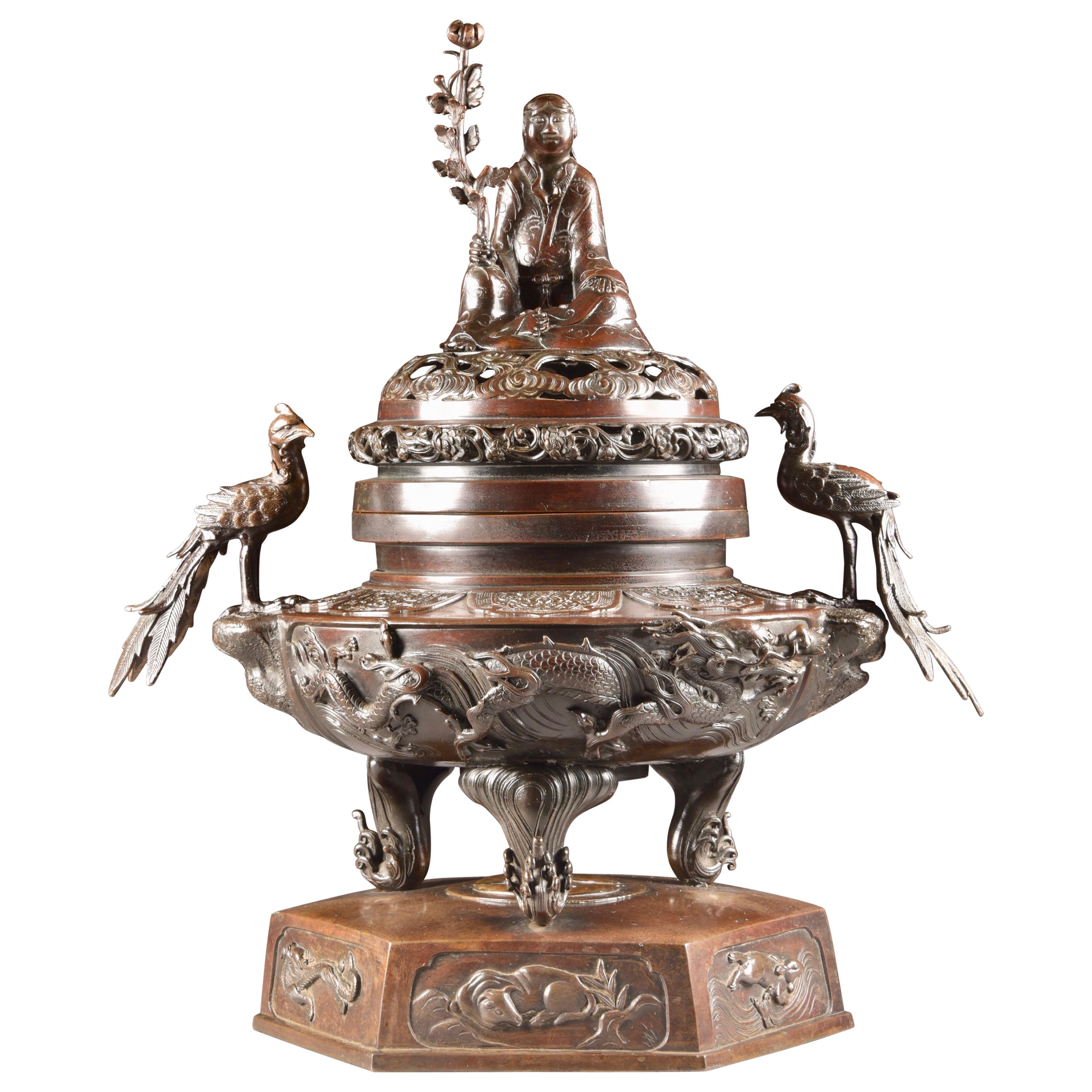 Bronze Incense Burner with Buddha and Phoenix Birds, Japan, Late 19th Century