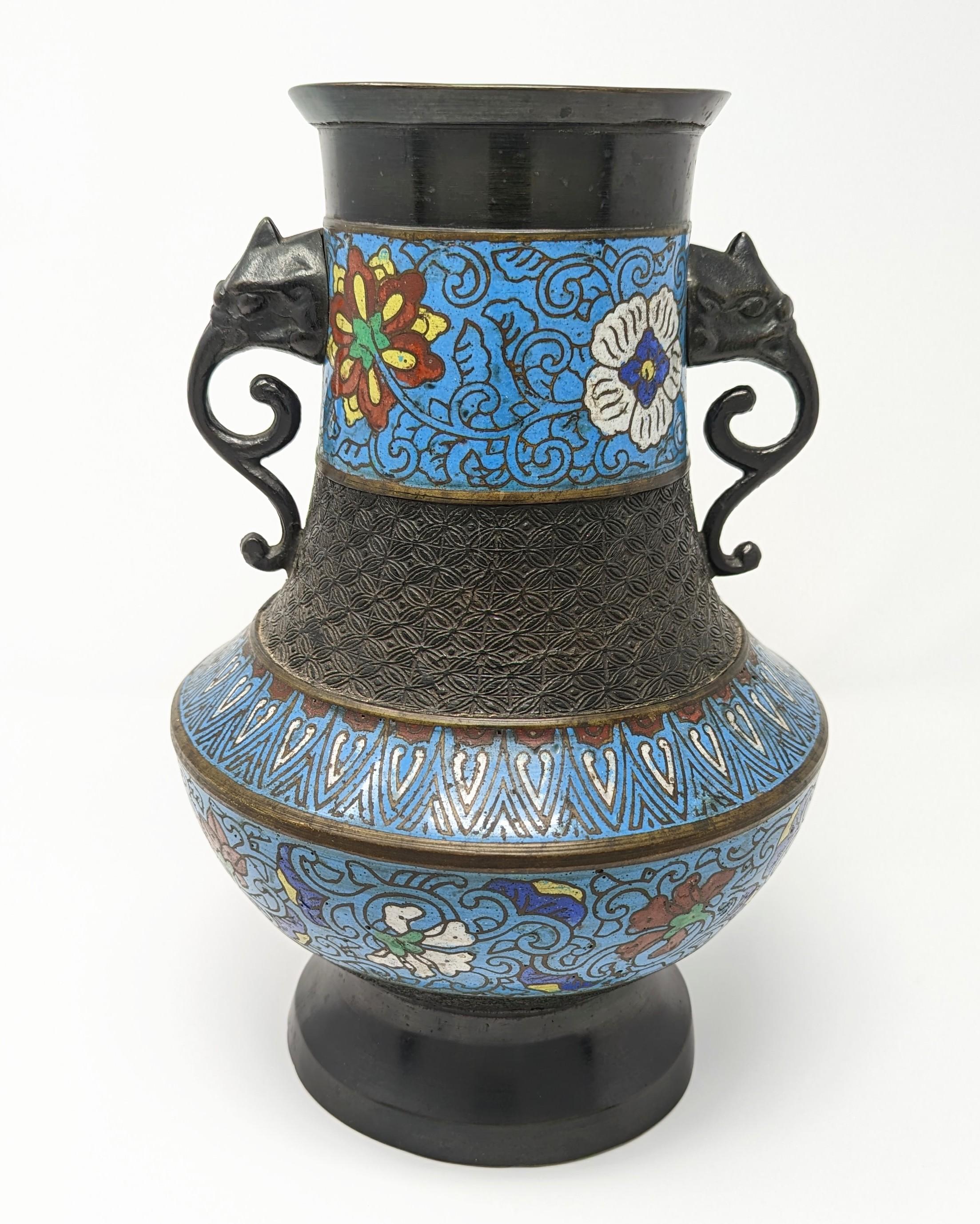 Other Large Bronze Japanese Champleve Enamel Double Elephant Handle Urn Vase Japan For Sale
