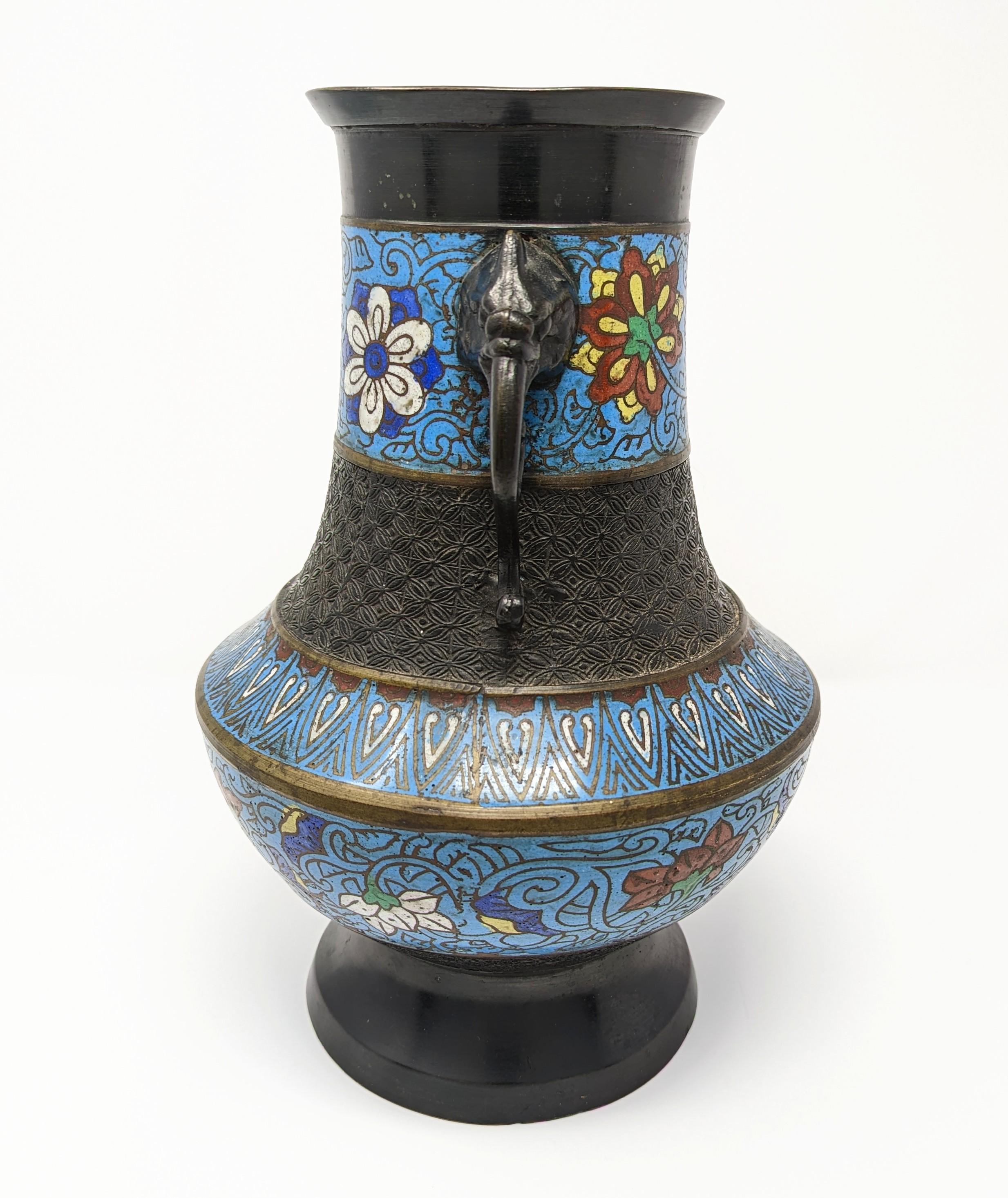 Large Bronze Japanese Champleve Enamel Double Elephant Handle Urn Vase Japan In Fair Condition For Sale In Greer, SC