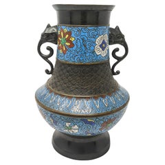 Vintage Large Bronze Japanese Champleve Enamel Double Elephant Handle Urn Vase Japan