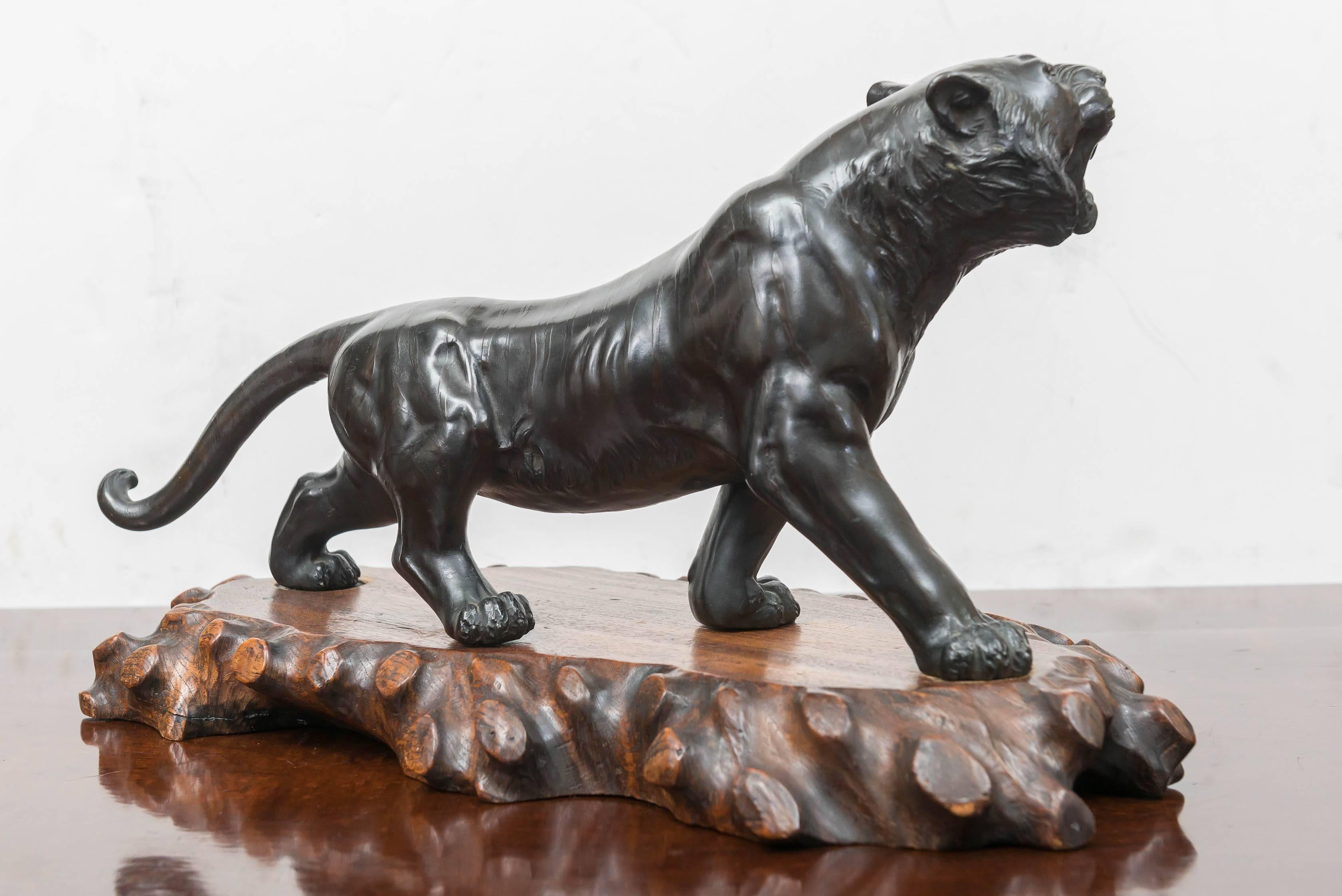 Hand-Crafted Large Bronze Japanese Meiji Period Tiger on a Natural Carved Wood Base
