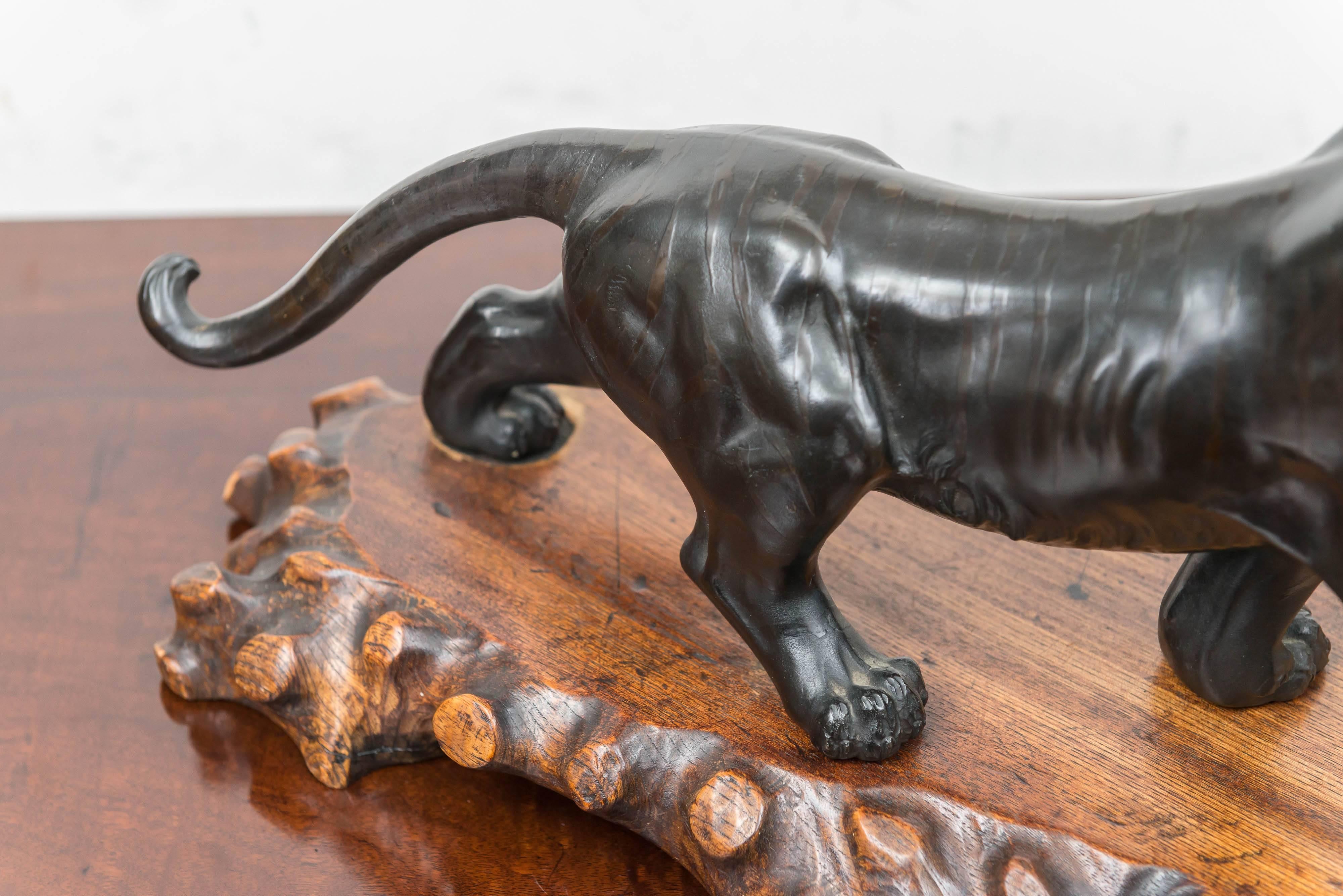 Large Bronze Japanese Meiji Period Tiger on a Natural Carved Wood Base 1