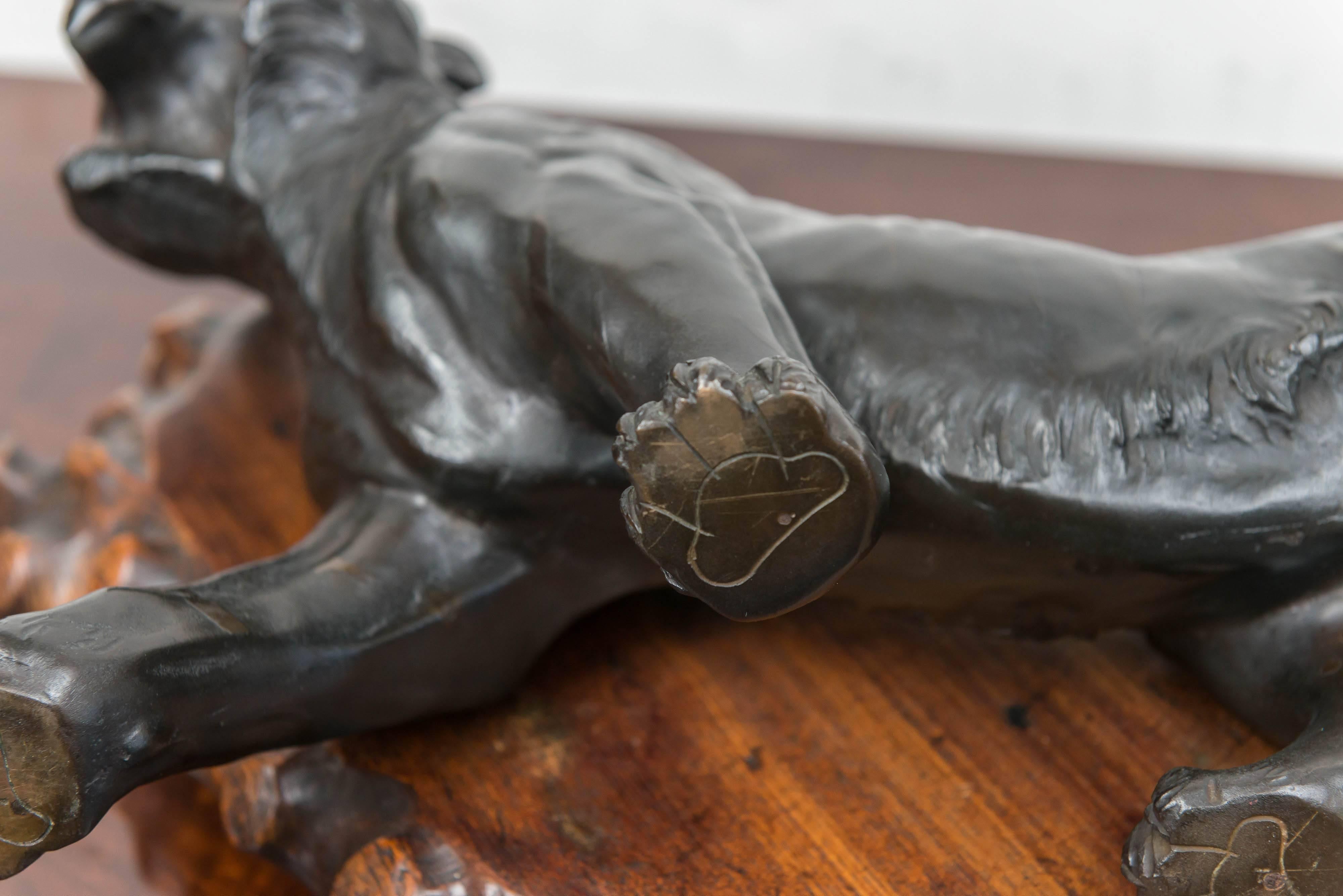 Large Bronze Japanese Meiji Period Tiger on a Natural Carved Wood Base 2