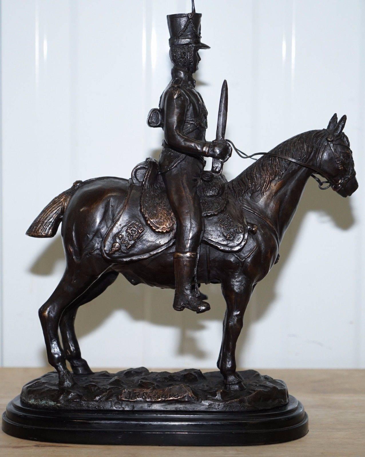 Large Bronze John Skeaping French Cavalry Hussar Riding a Horse Death Cap Statue 3