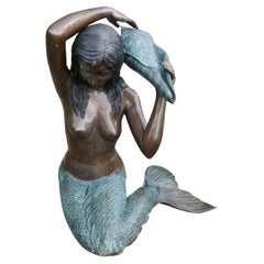 Large Bronze Kneeling Mermaid Fountain Water Feature