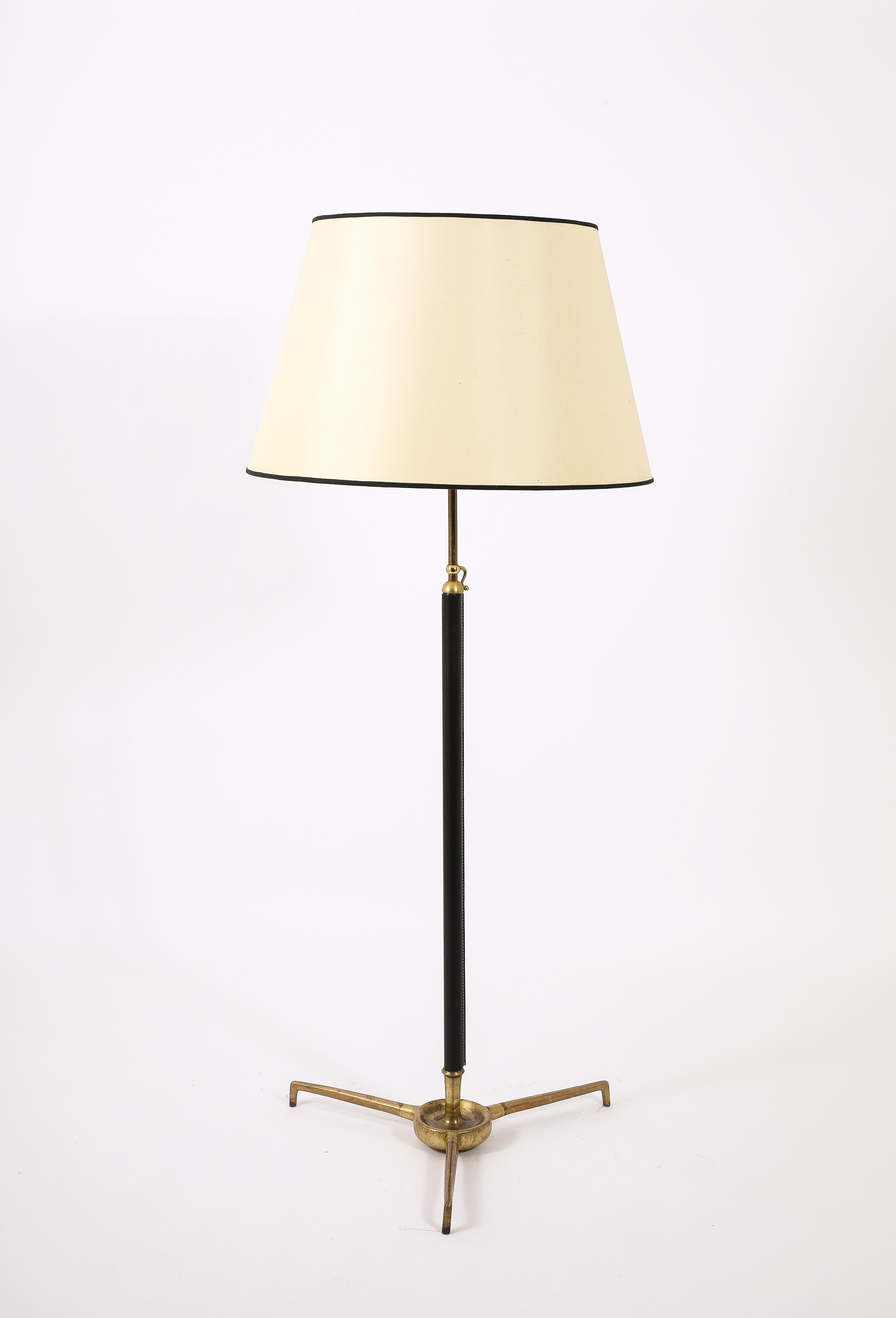 Modern Large Bronze & Leather Floor Lamp by Arlus, France 1950's For Sale