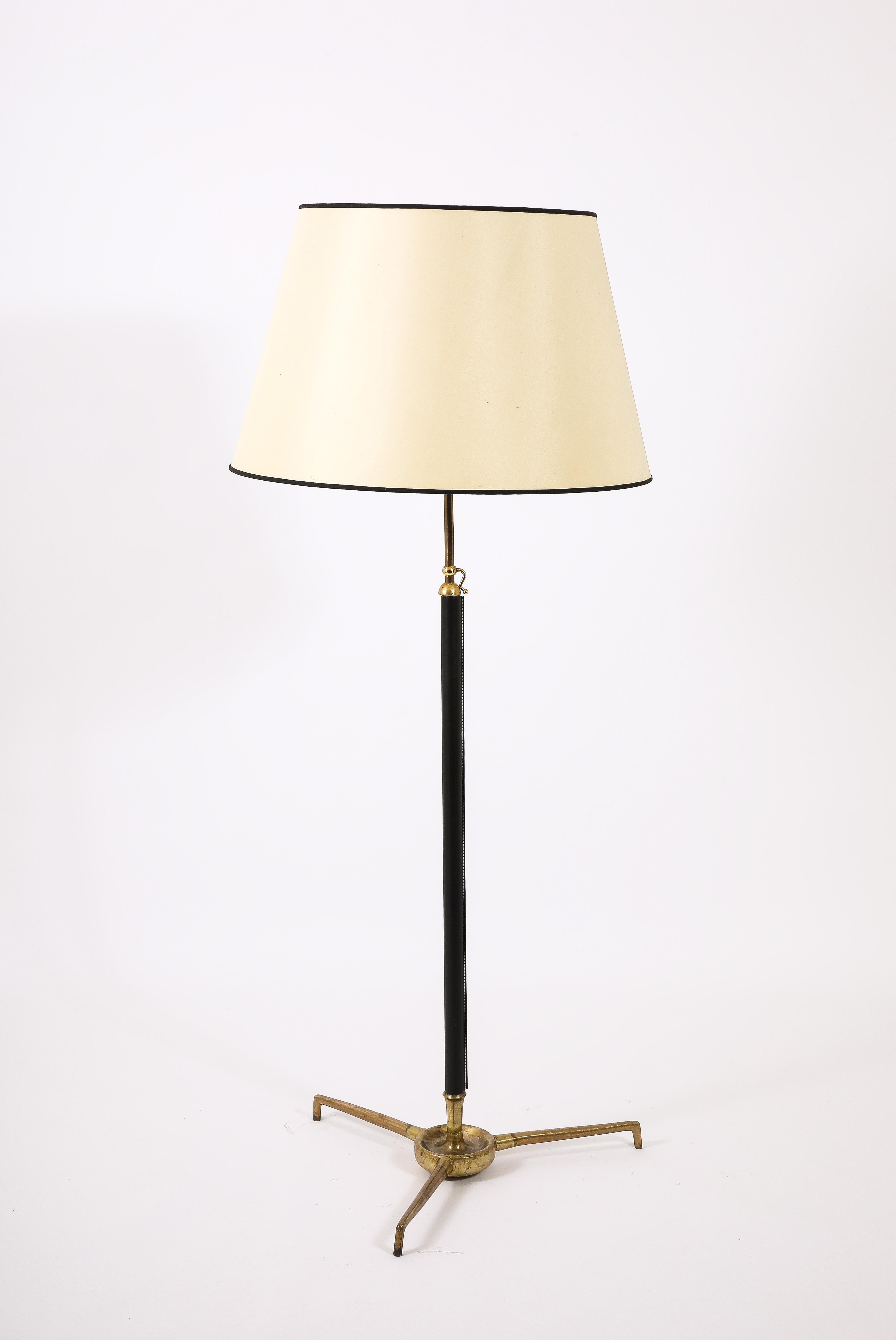 French Large Bronze & Leather Floor Lamp by Arlus, France 1950's For Sale