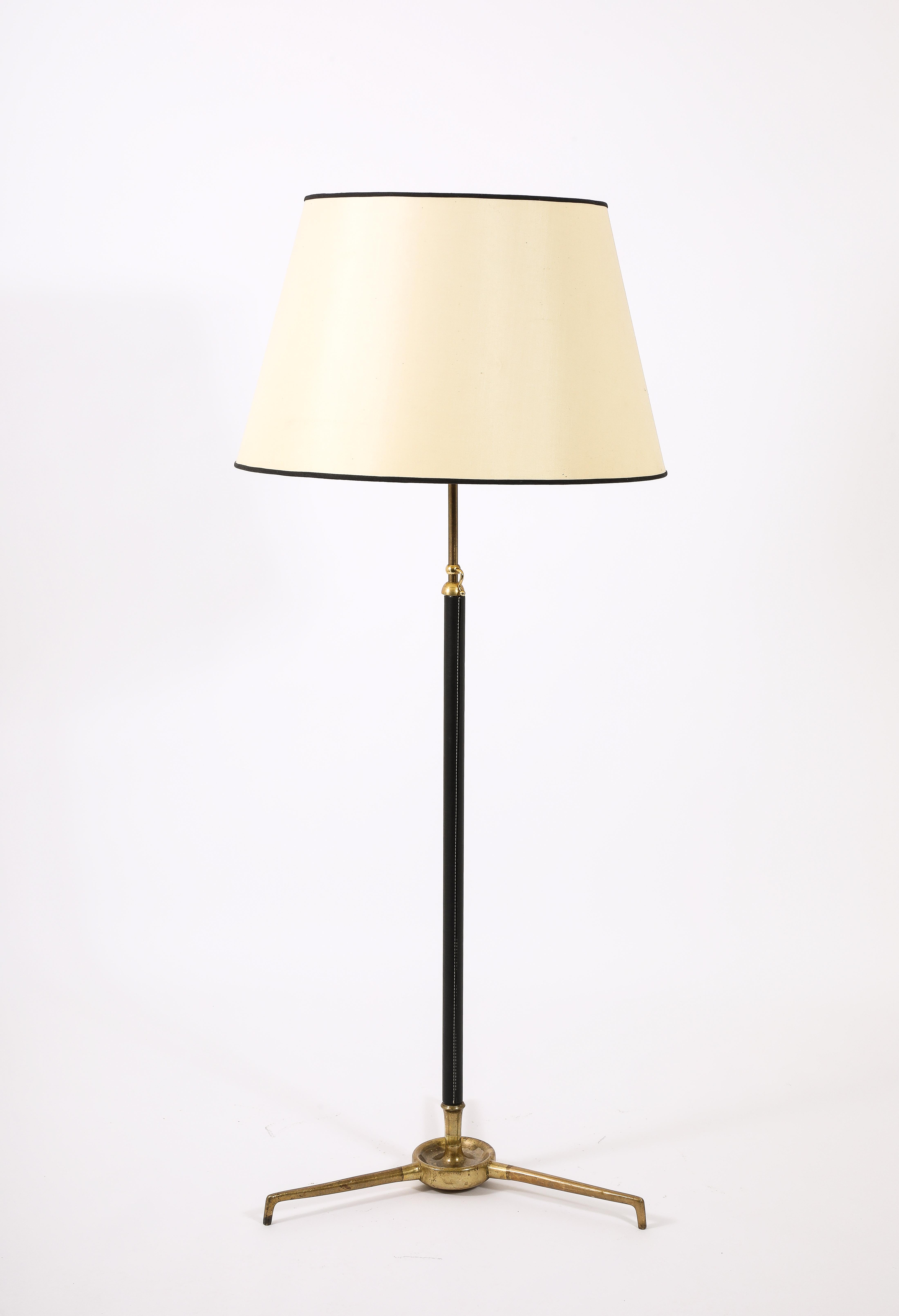 20th Century Large Bronze & Leather Floor Lamp by Arlus, France 1950's For Sale