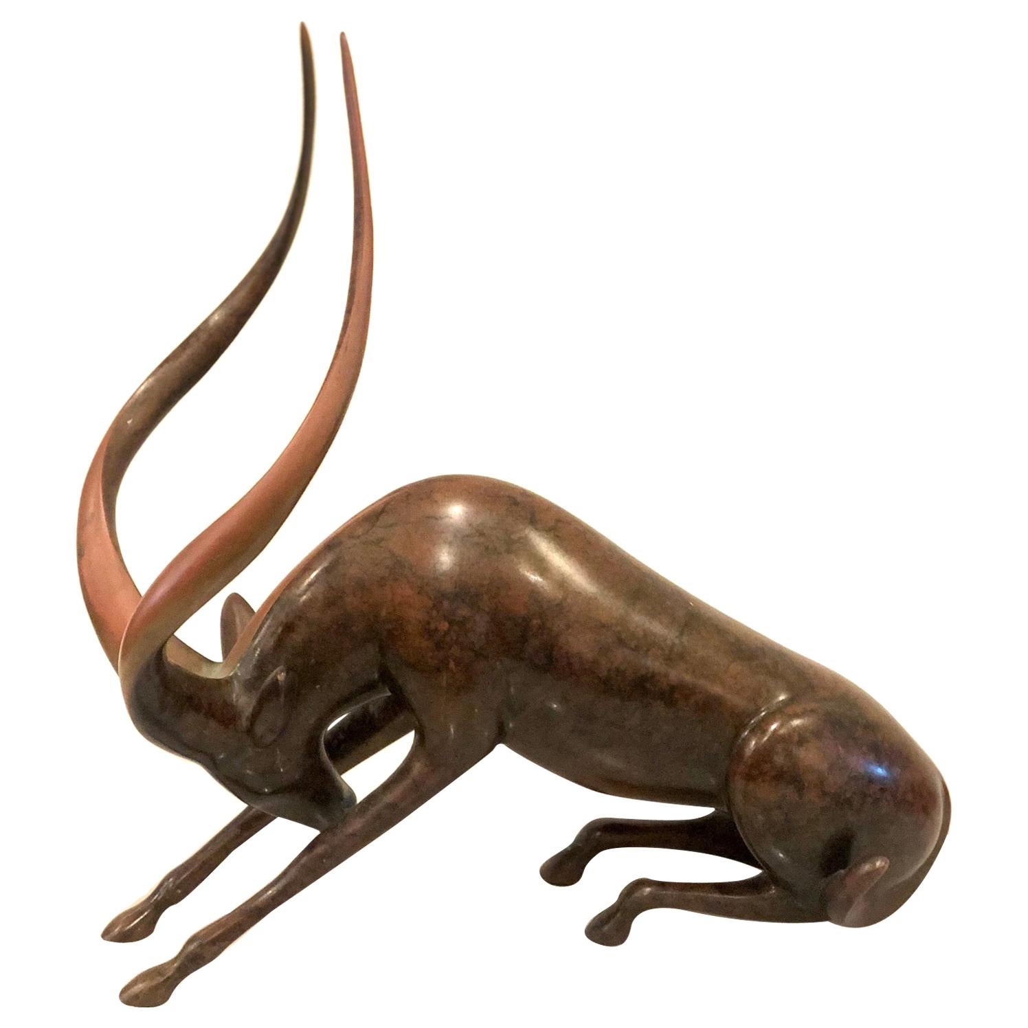 Large Bronze Long Horn Antelope Sculpture by Loet Vanderveen Signed & Number