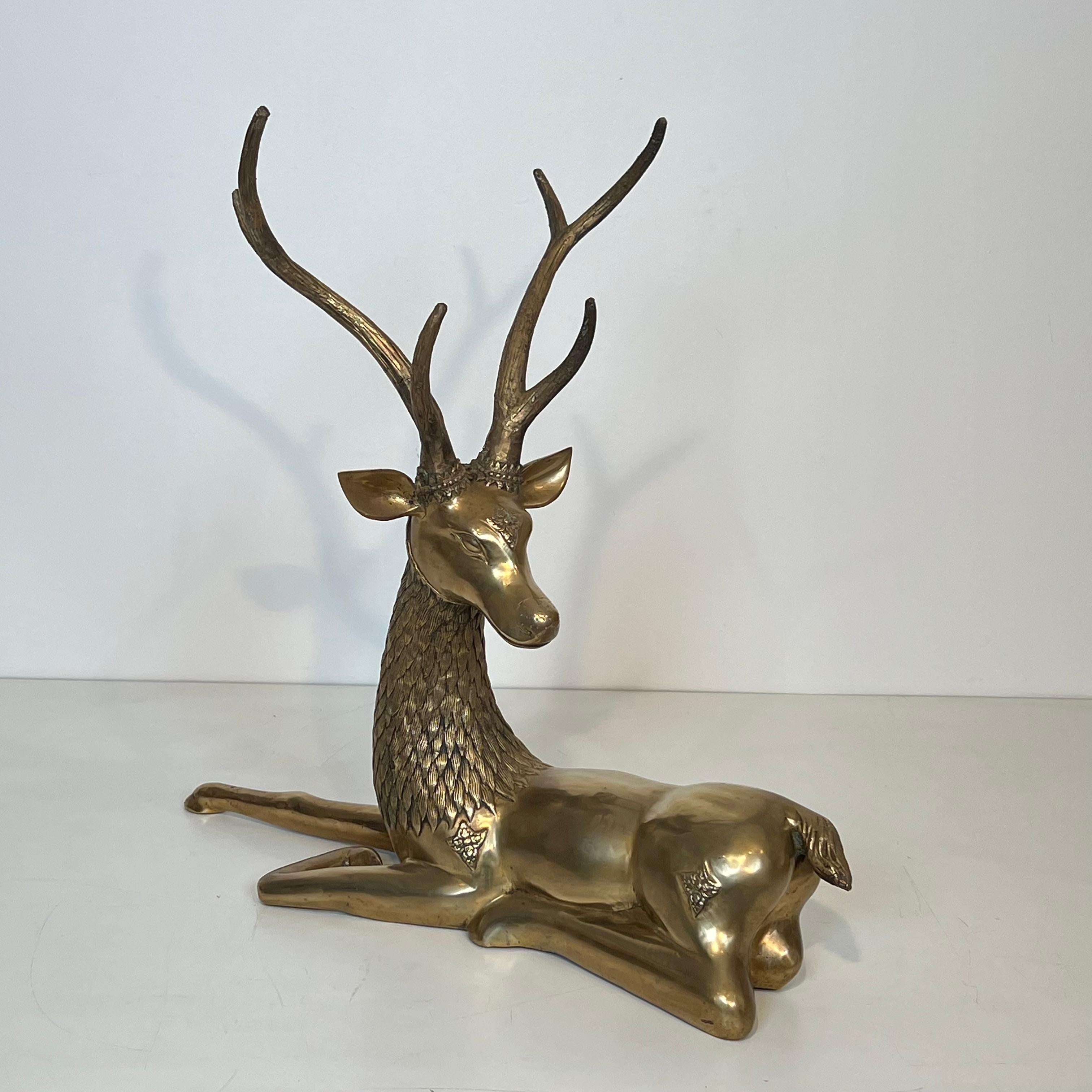 Mid-Century Modern Large Bronze Lying Deer Engraved with Shamanic Motifs en vente