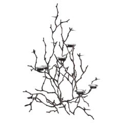 Large Bronze Magnolia Twigs and birds Candleholder Sculpture