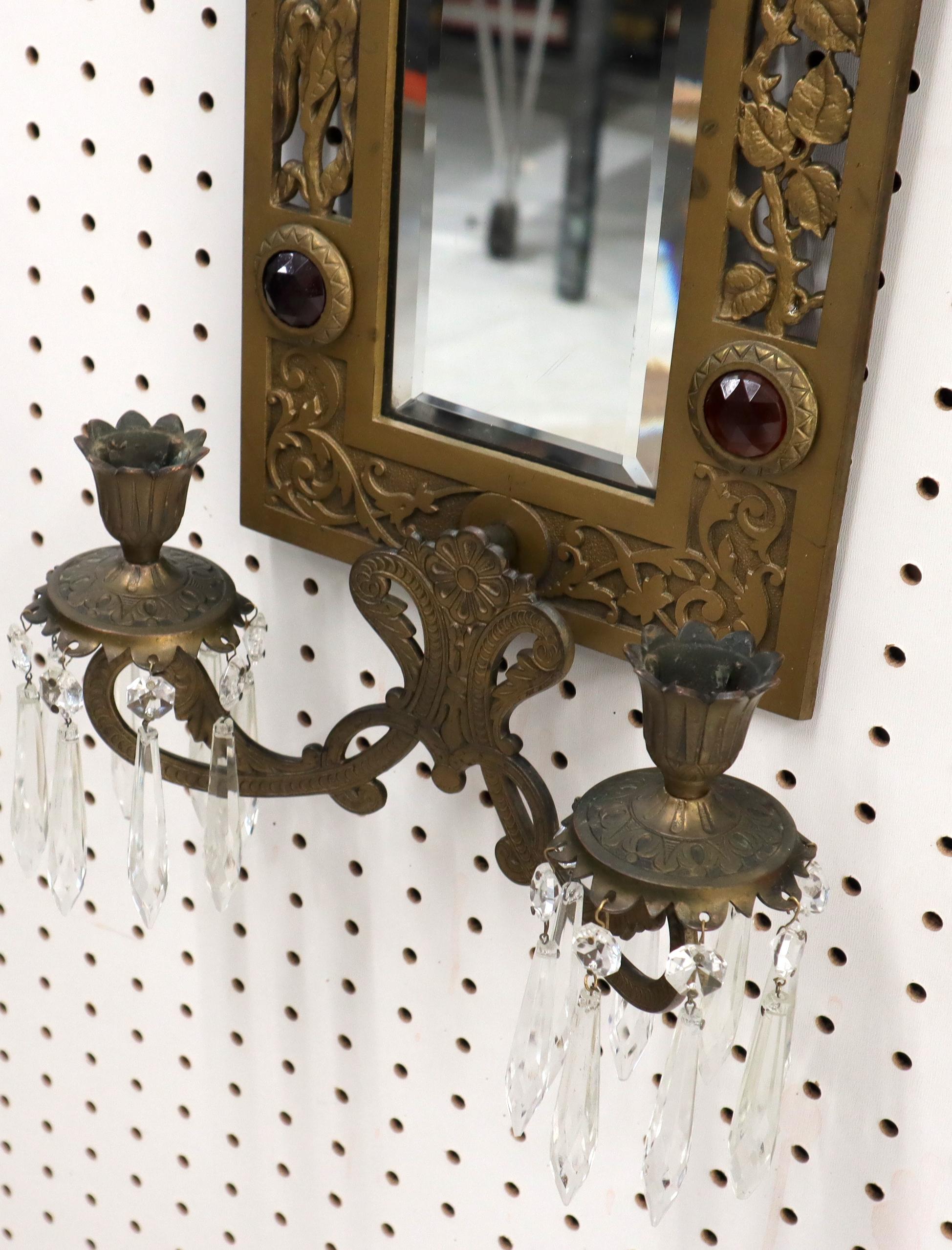 Large Bronze Mirror Sconce Two Candleholders Jewels Decorated In Excellent Condition For Sale In Rockaway, NJ