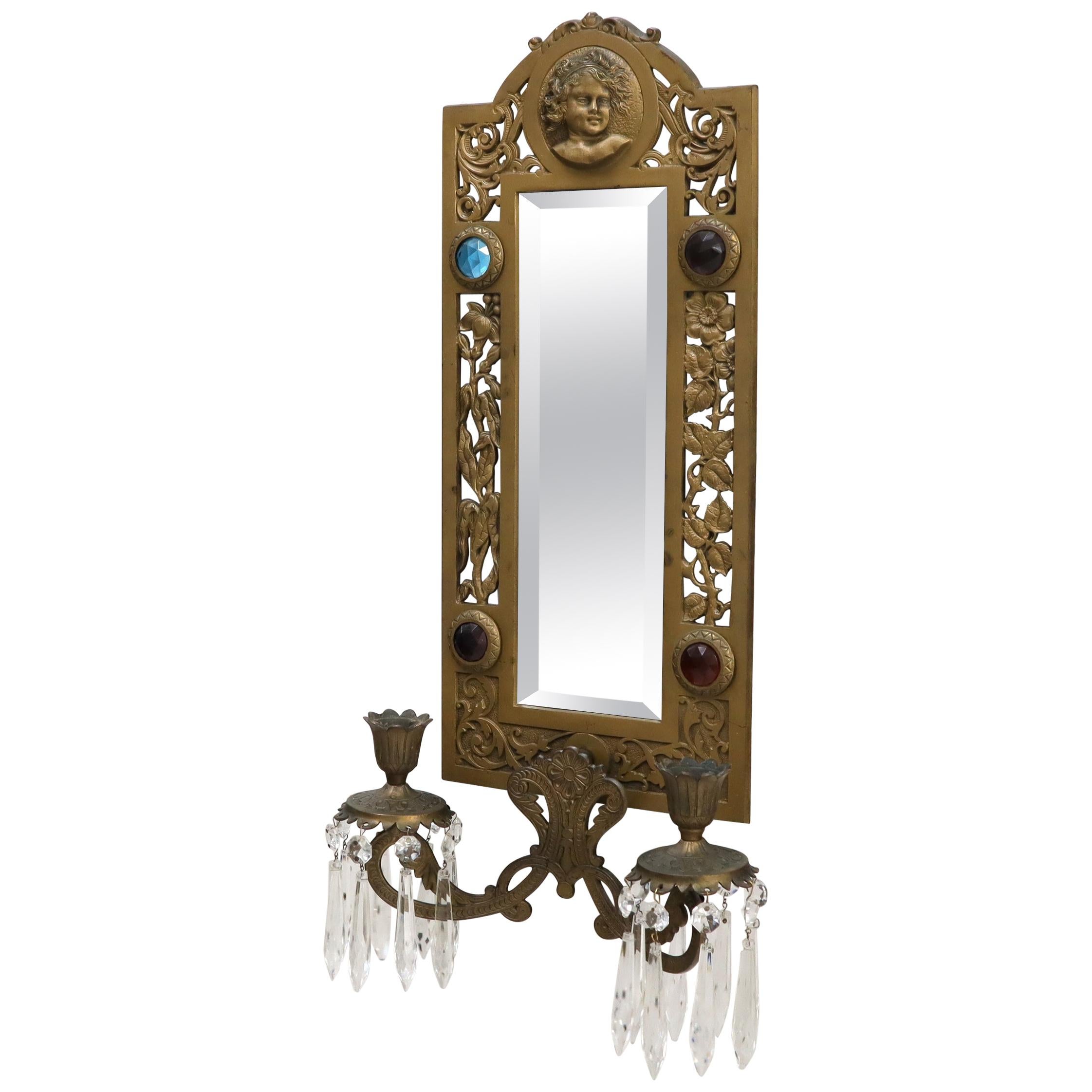 Große Bronze Spiegel Sconce zwei Kerzenhalter Juwelen dekoriert im Angebot
