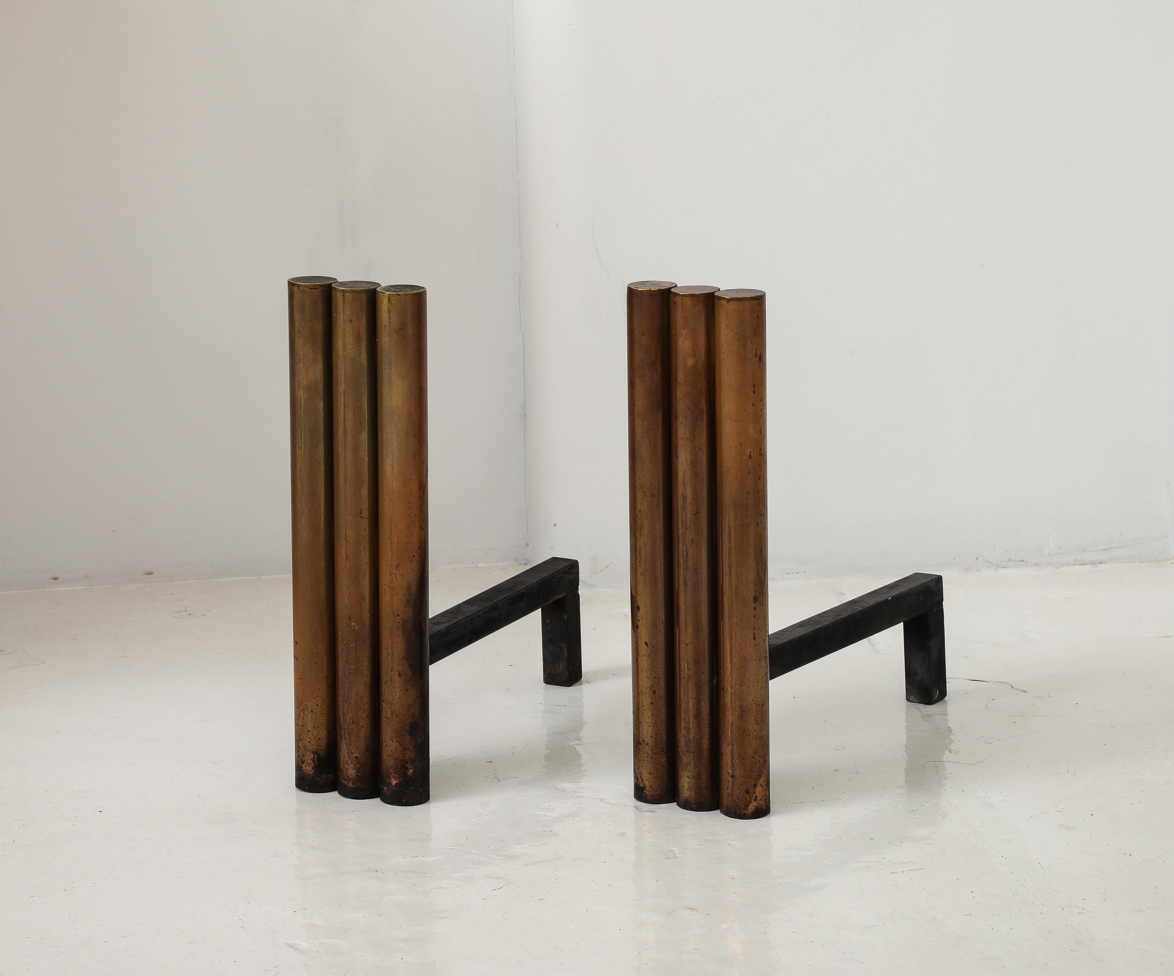 French Large Bronze Modernist Cylinder Andirons, France 1950's For Sale