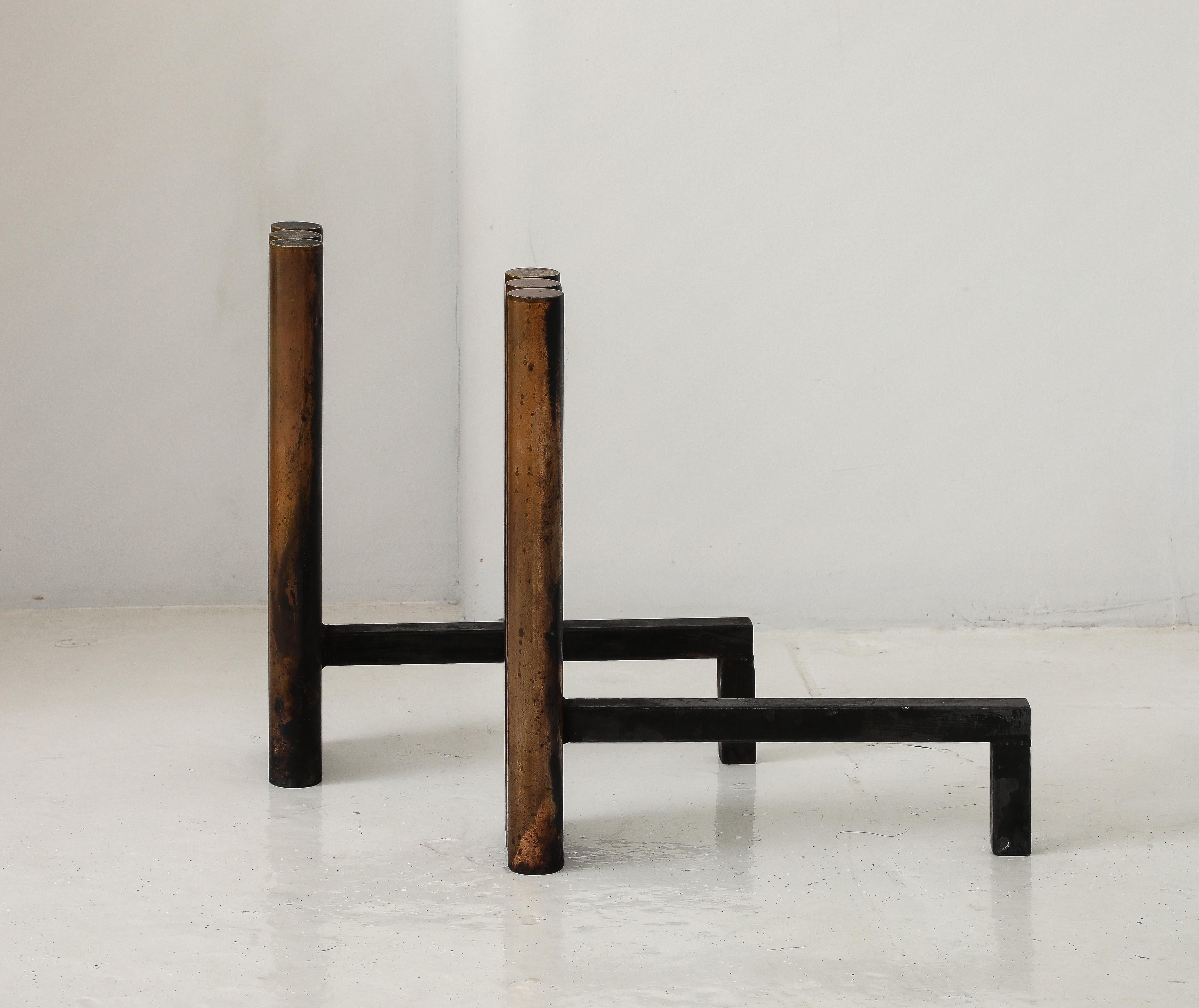 Large Bronze Modernist Cylinder Andirons, France 1950's In Good Condition For Sale In New York, NY