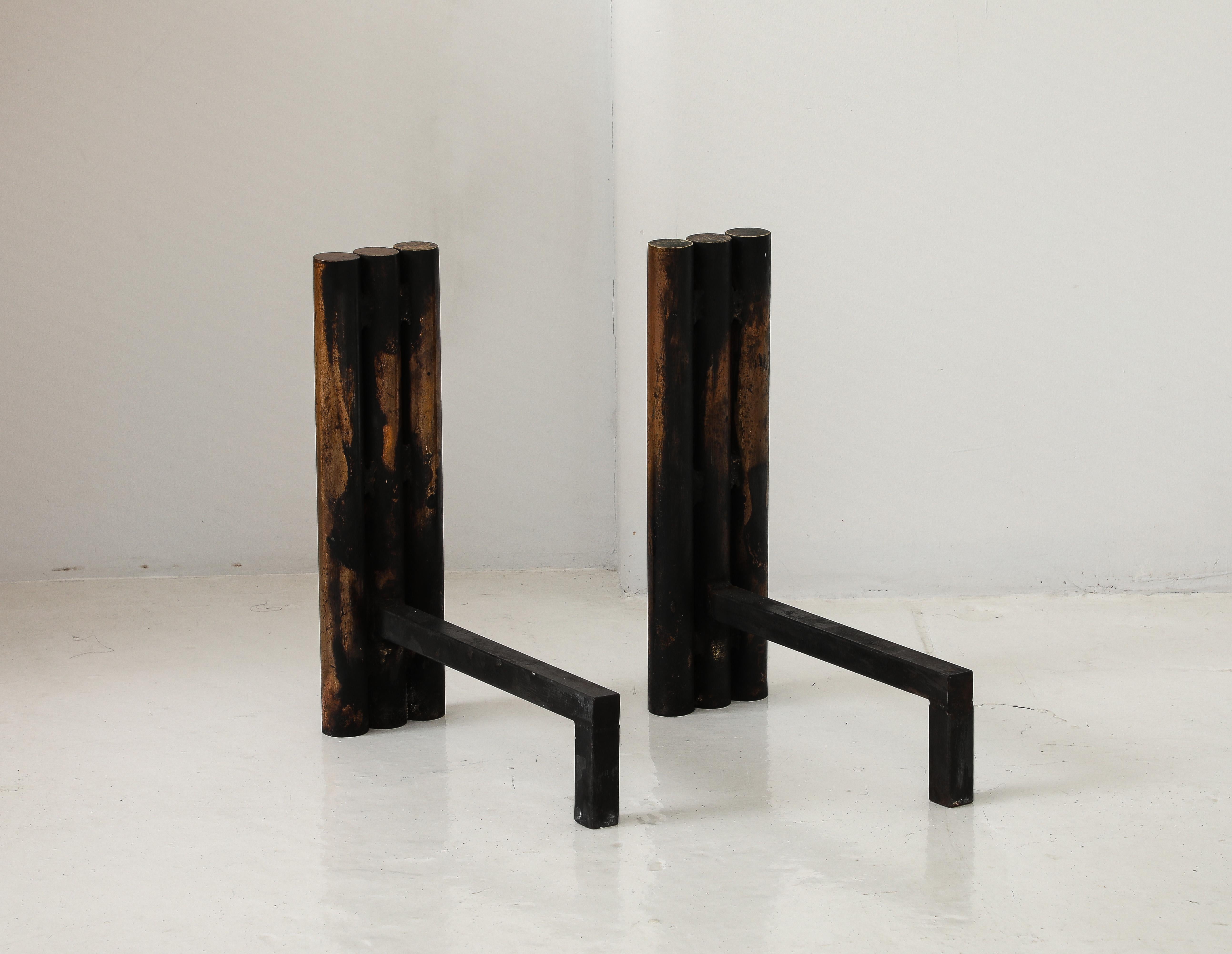 20th Century Large Bronze Modernist Cylinder Andirons, France 1950's For Sale