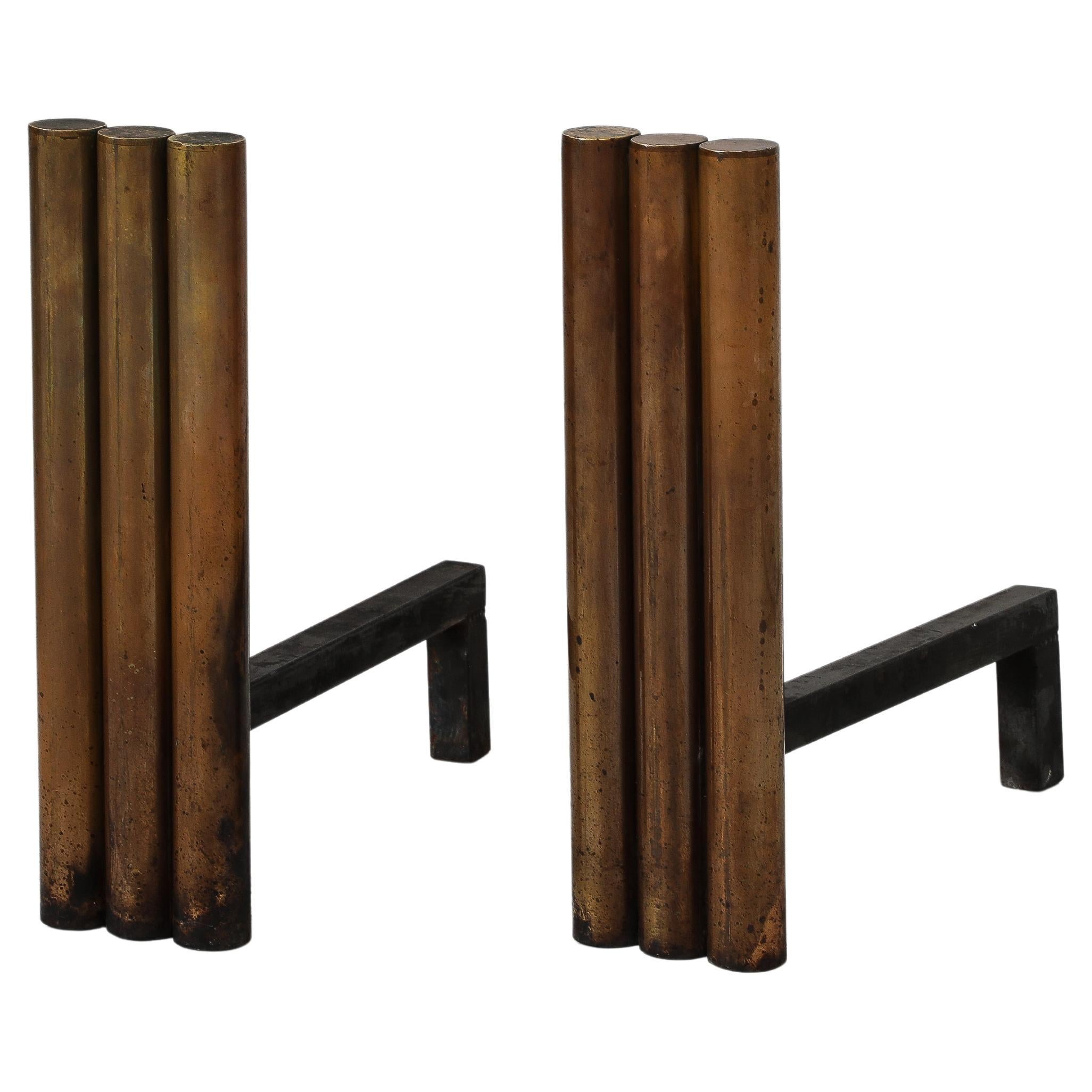 Large Bronze Modernist Cylinder Andirons, France 1950's For Sale