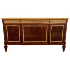 Large Bronze Mounted Jansen Style Flame Mahogany Marble Top Sideboard, Buffet