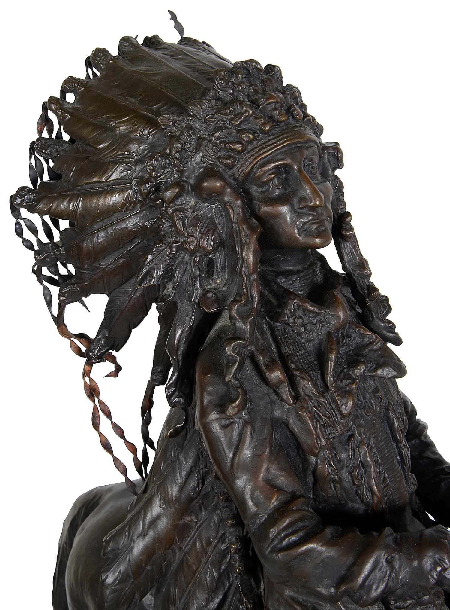 American Colonial Large Bronze Native American Cherokee Indian Bronze, 19th Century, C. Kauba