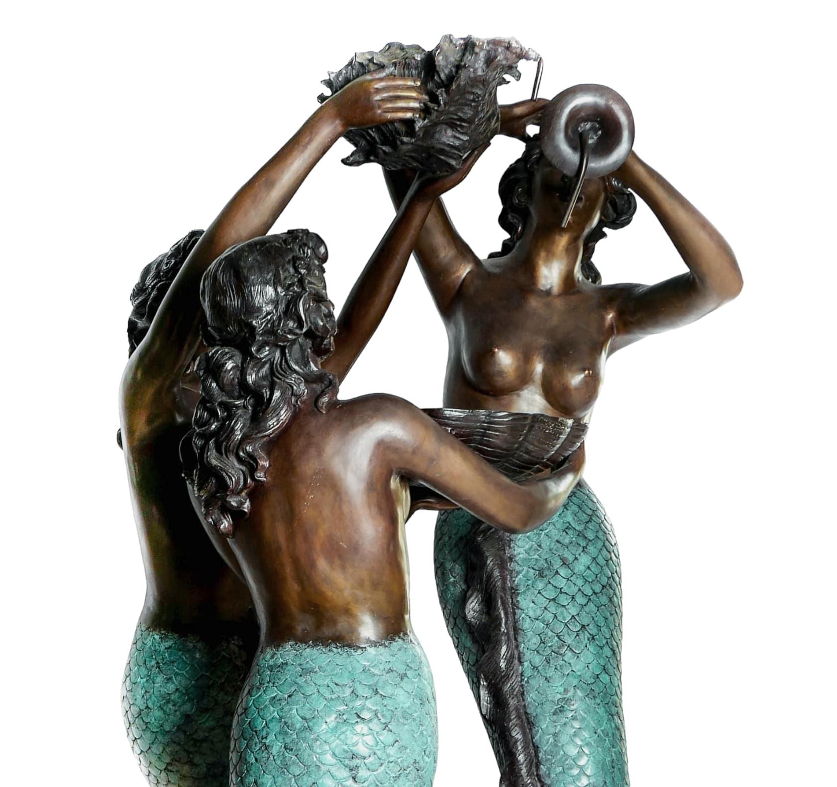 Großes Bronze-Gartenbrunnen-Wasserelement mit 3 Meerjungfrauen im Angebot 4