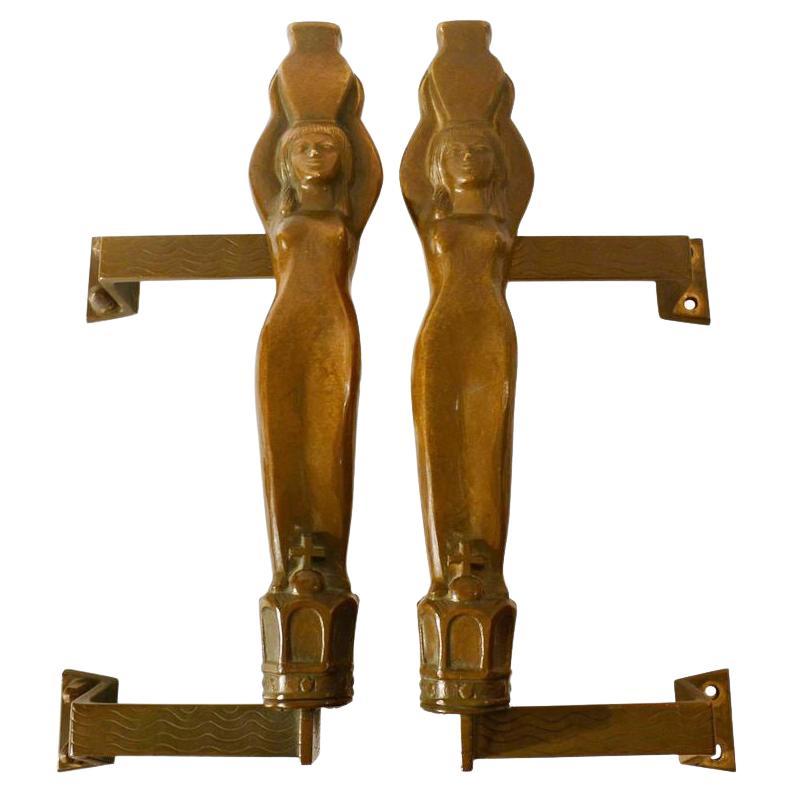 Large Bronze Pair of Push and Pull Door Handles Art Nouveau with Water Nymphes For Sale