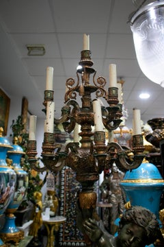 Large Bronze Polychrome Winged Angel Statue and Base Standing Candelabra